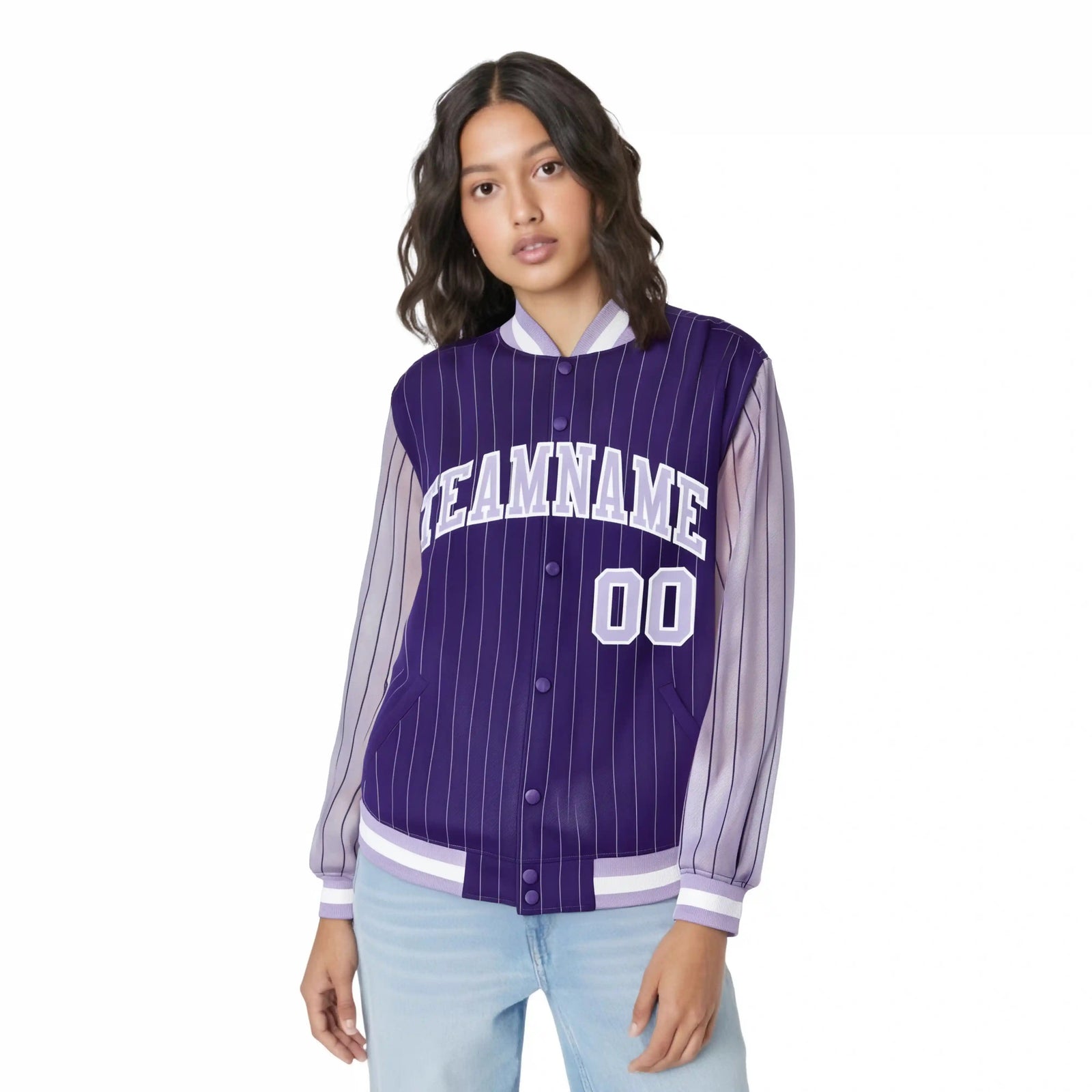 Custom Purple Light-Purple Pinstripe White Light-Purple Bomber Full-Snap Varsity Letterman Jacket