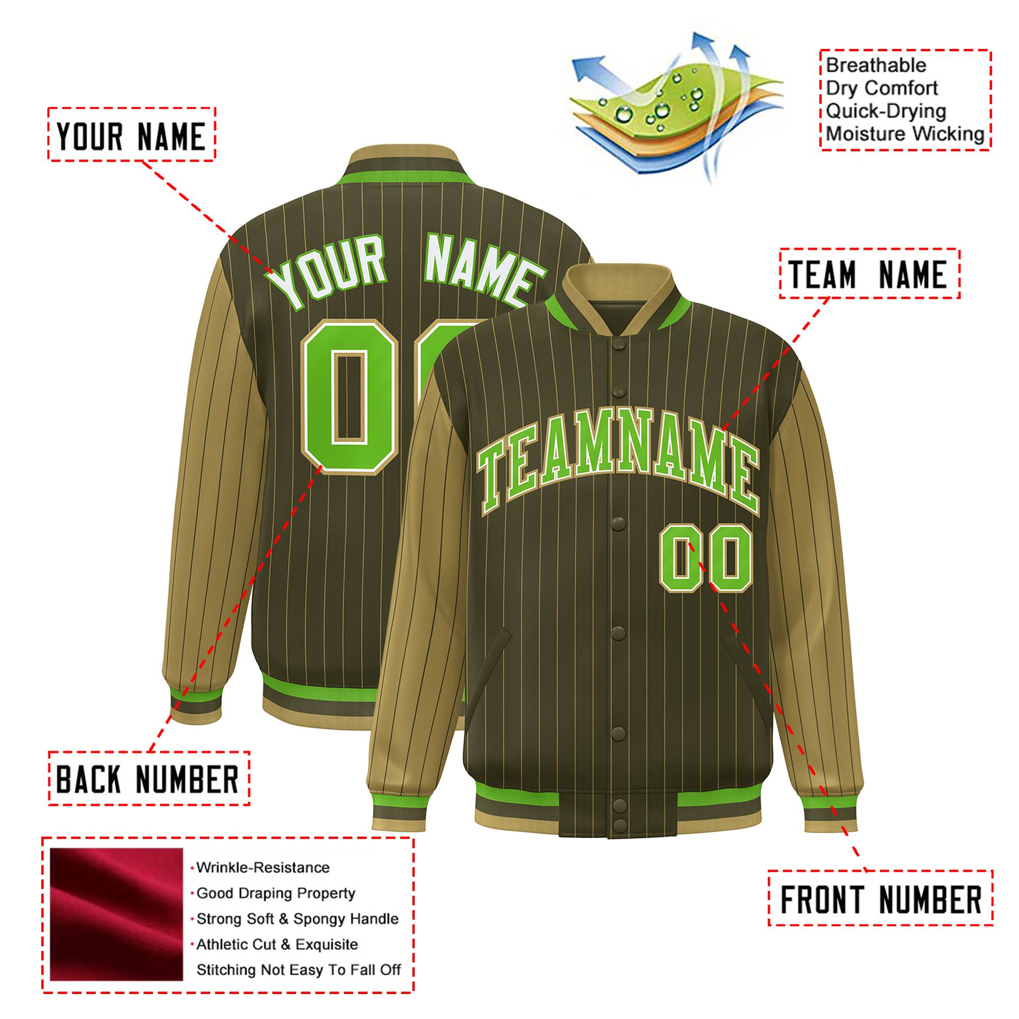 Custom Brown Light-Brown Pinstripe White Neon-Green Bomber Full-Snap Varsity Letterman Jacket