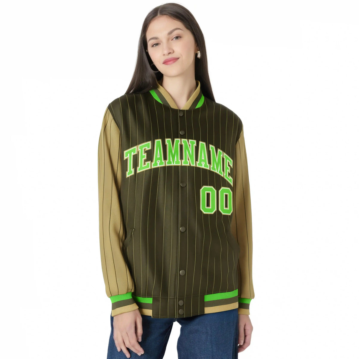 Custom Brown Light-Brown Pinstripe White Neon-Green Bomber Full-Snap Varsity Letterman Jacket
