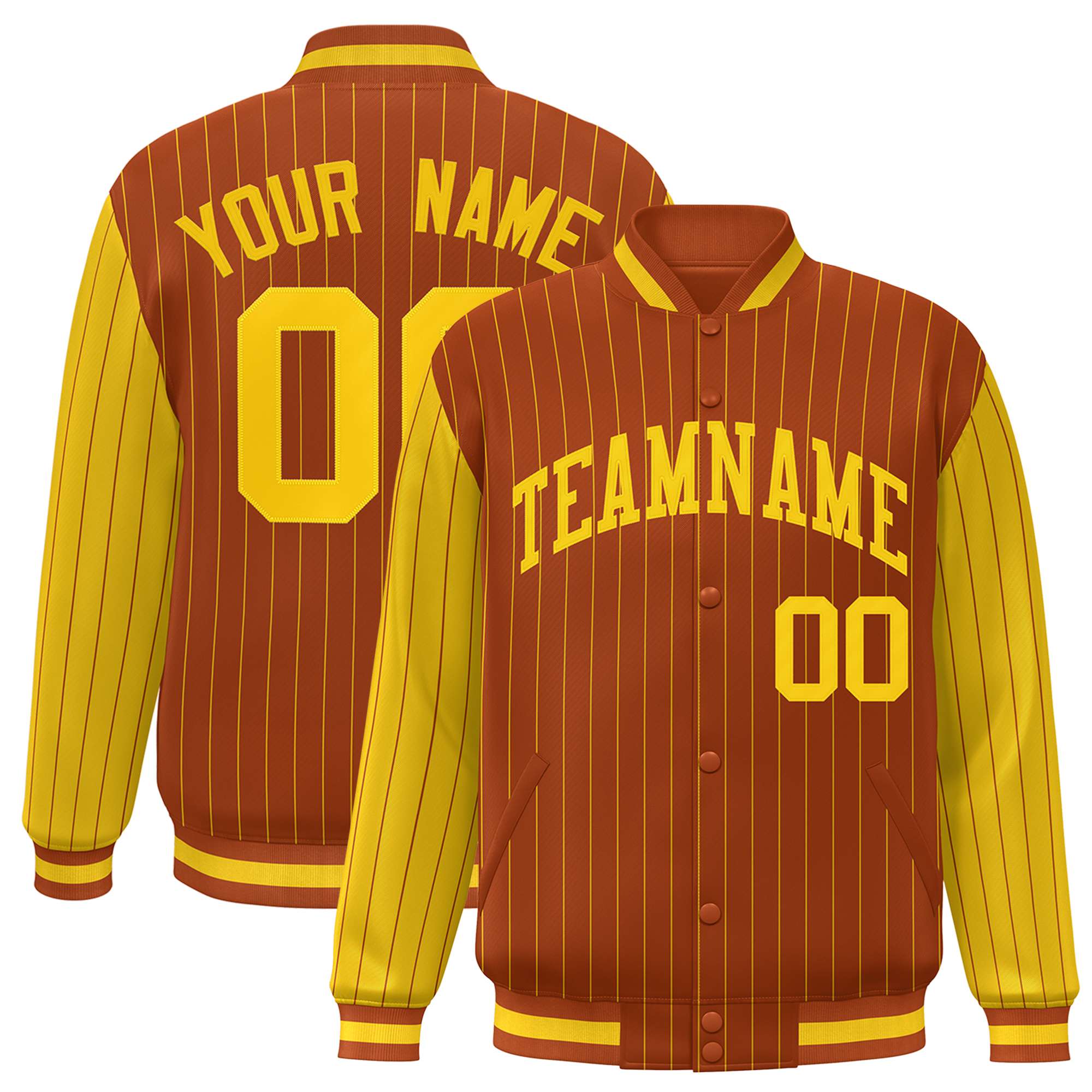 Custom Munsell Gold Pinstripe Gold Bomber Full-Snap Varsity Letterman Jacket