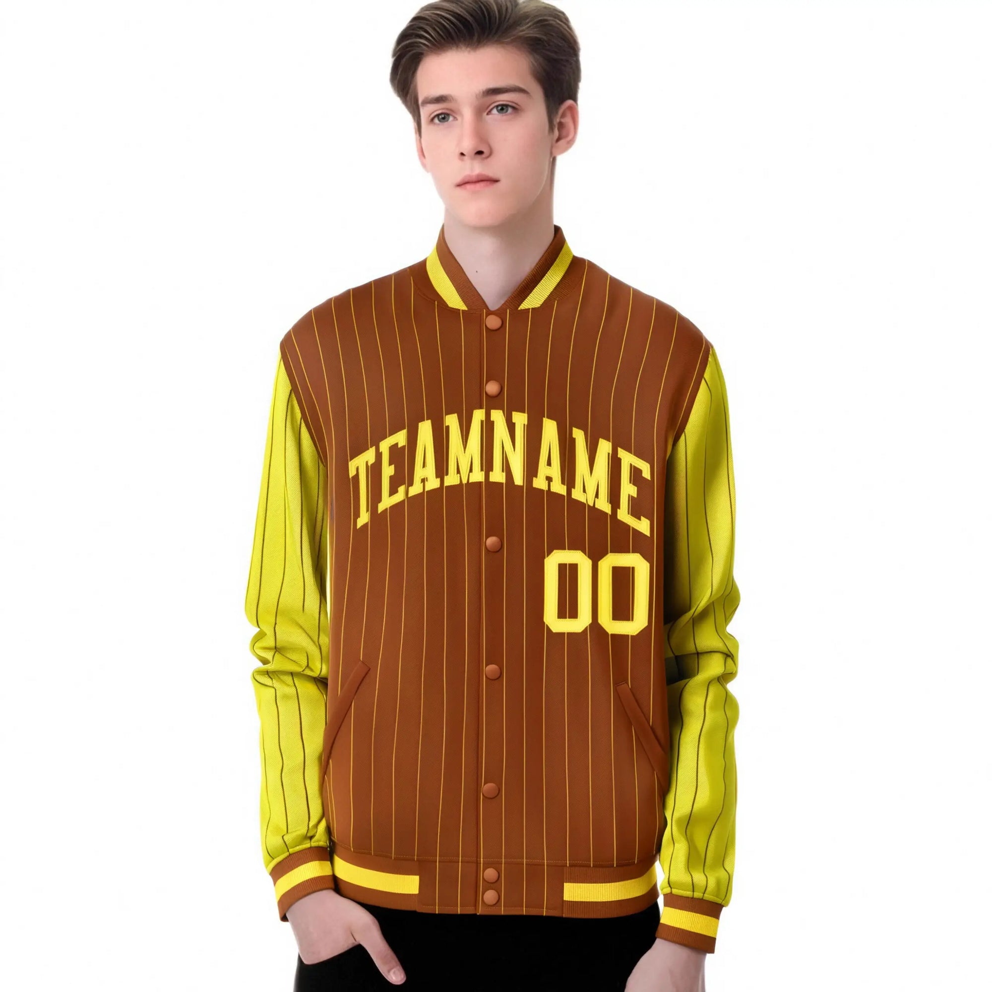 Custom Munsell Gold Pinstripe Gold Bomber Full-Snap Varsity Letterman Jacket