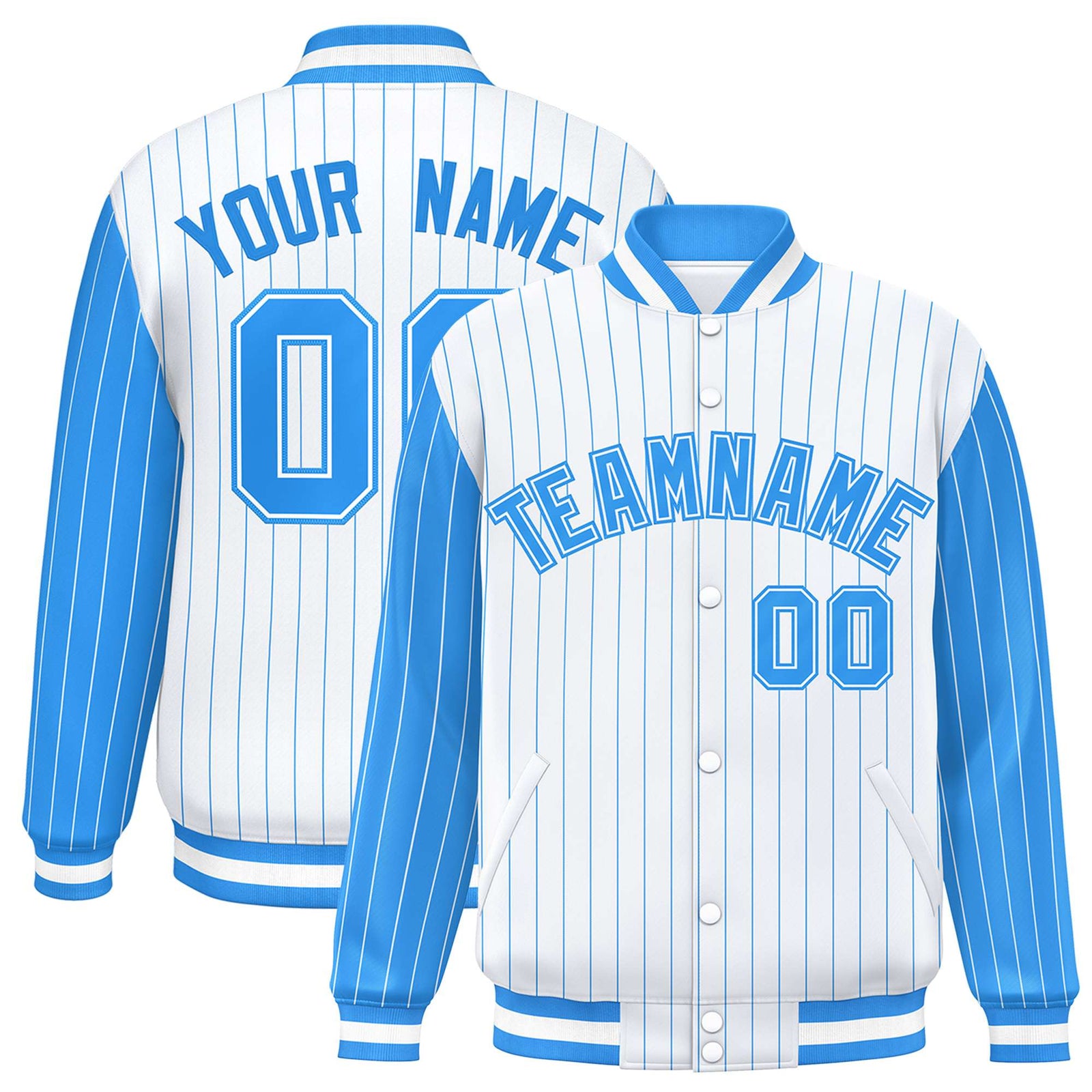 Custom White Powder Blue Pinstripe Powder-Blue White Bomber Full-Snap Varsity Letterman Jacket