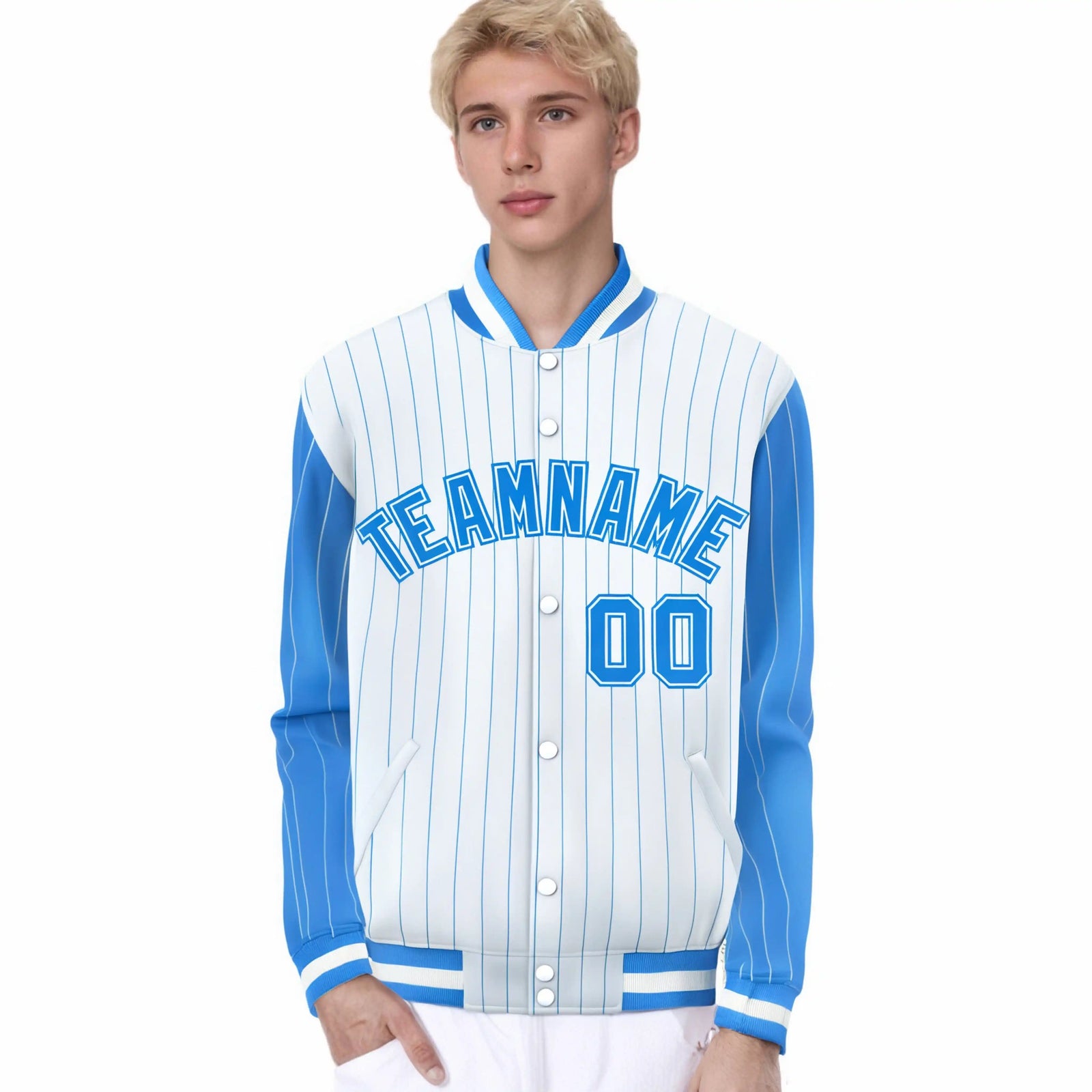 Custom White Powder Blue Pinstripe Powder-Blue White Bomber Full-Snap Varsity Letterman Jacket
