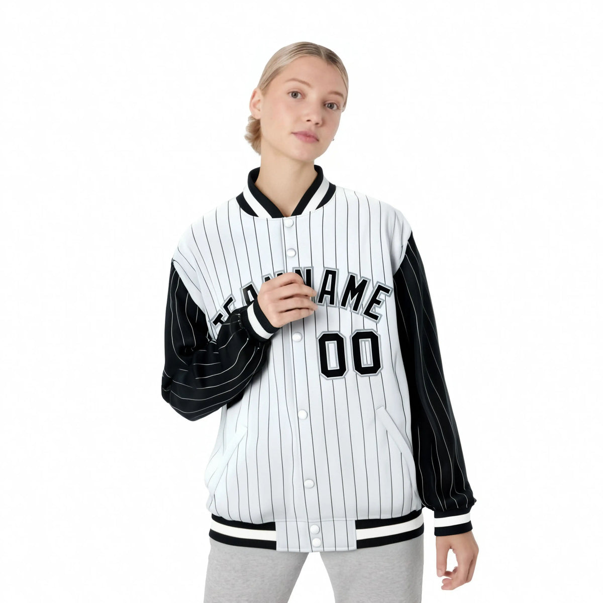 Custom White Black Pinstripe Gray-Black Bomber Full-Snap Varsity Letterman Jacket