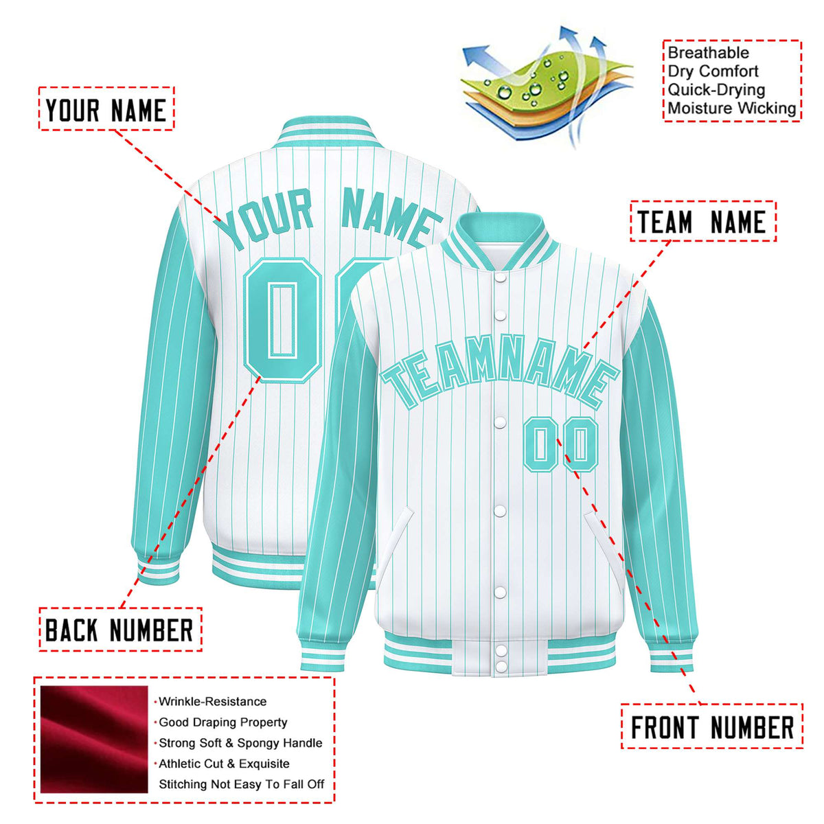 Custom White Aqua Pinstripe White-Aqua Bomber Full-Snap Varsity Letterman Jacket