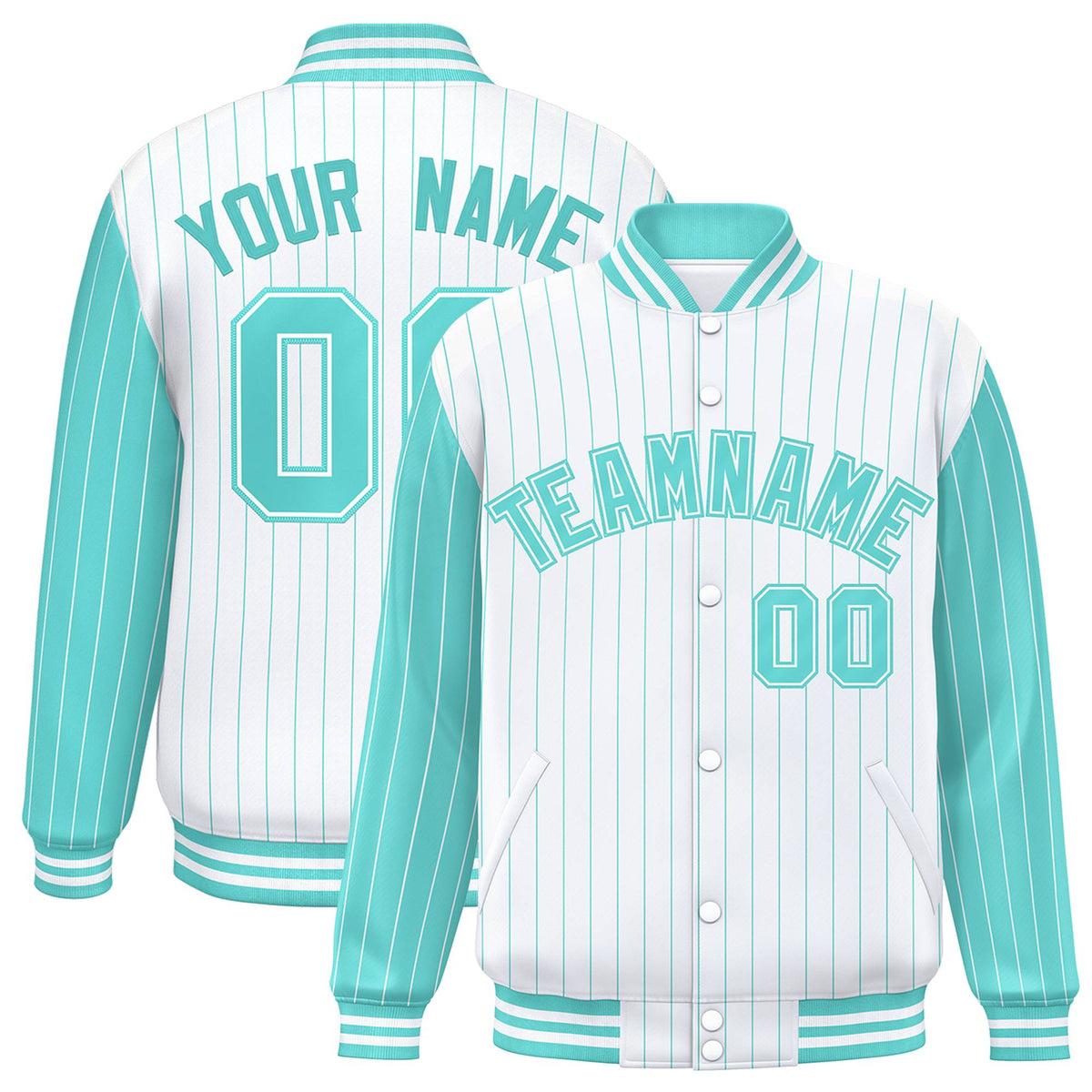 Custom White Aqua Pinstripe White-Aqua Bomber Full-Snap Varsity Letterman Jacket