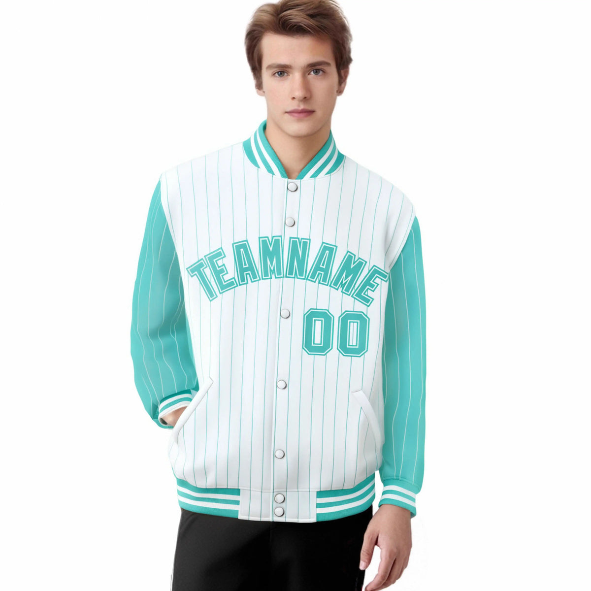 Custom White Aqua Pinstripe White-Aqua Bomber Full-Snap Varsity Letterman Jacket