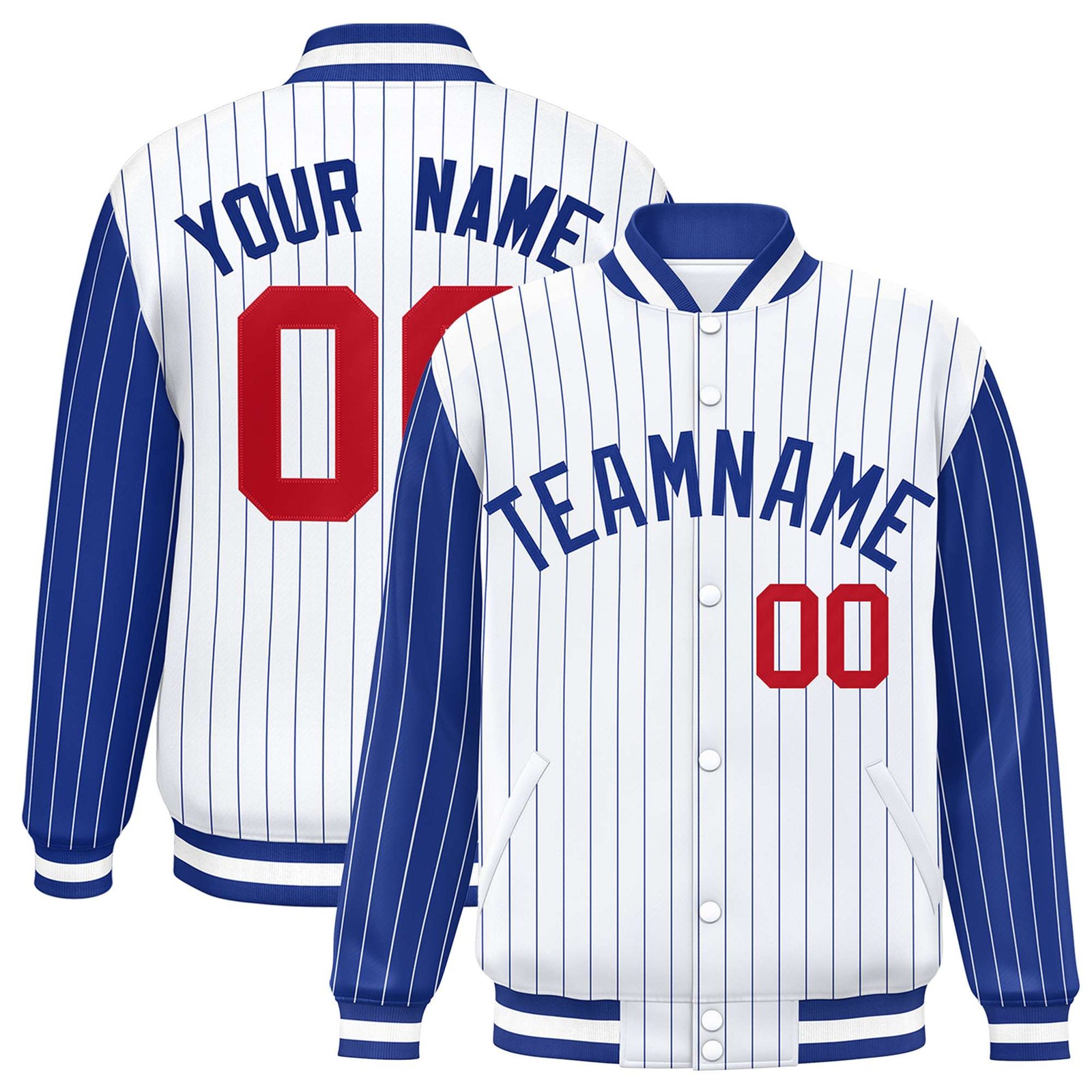 Custom White Royal-Blue Pinstripe Red Royal-Blue Bomber Full-Snap Varsity Letterman Jacket
