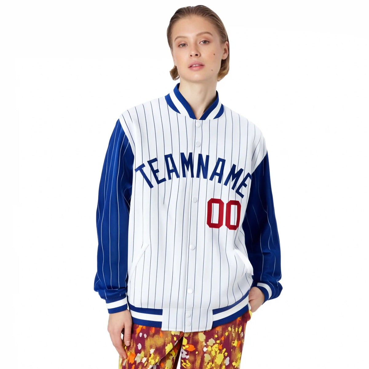 Custom White Royal-Blue Pinstripe Red Royal-Blue Bomber Full-Snap Varsity Letterman Jacket