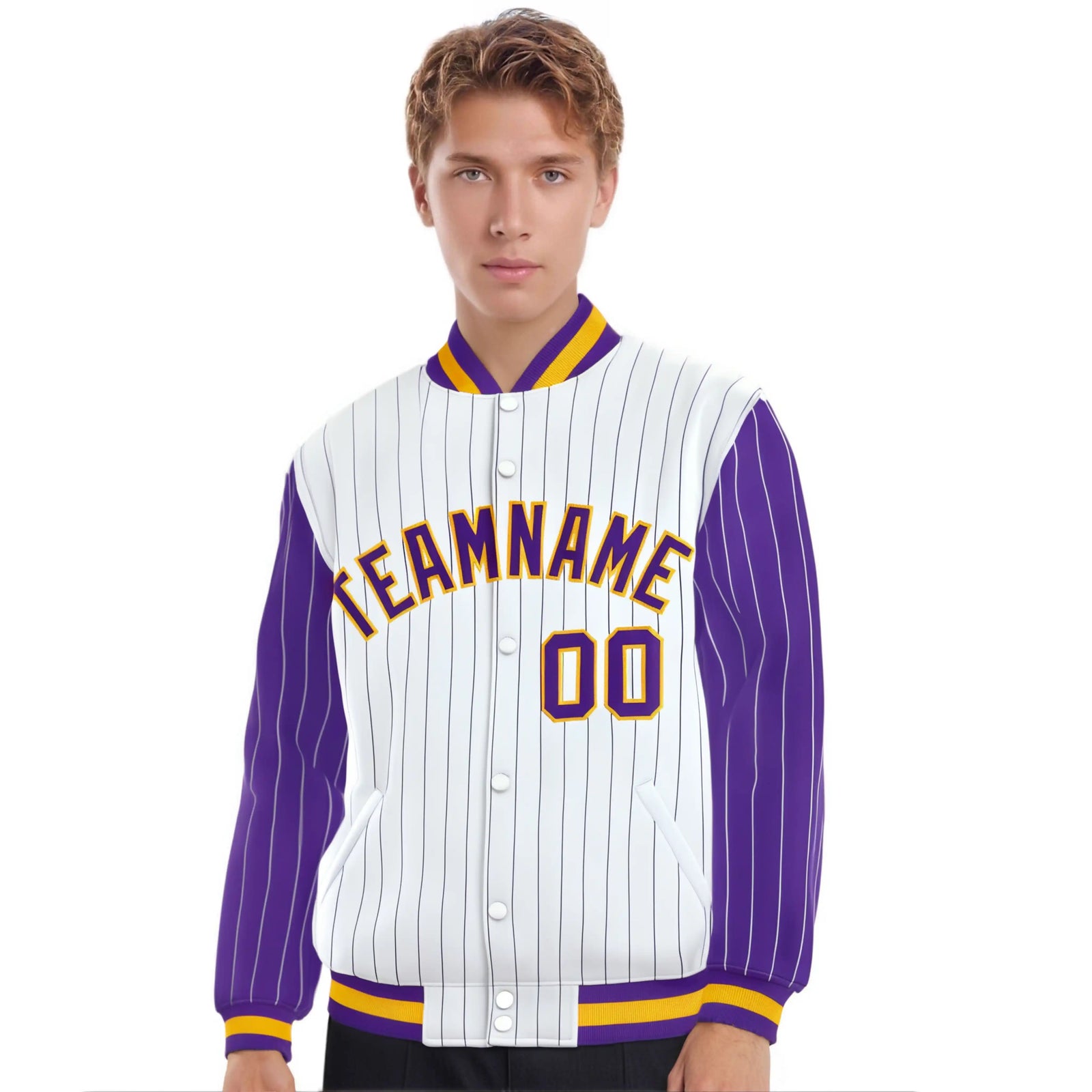 Custom White Purple Pinstripe Glod-Purple Bomber Full-Snap Varsity Letterman Jacket