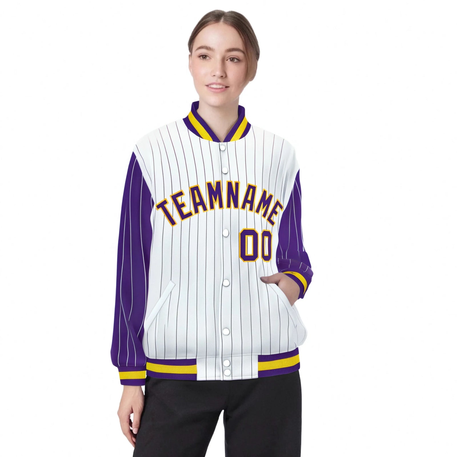 Custom White Purple Pinstripe Glod-Purple Bomber Full-Snap Varsity Letterman Jacket