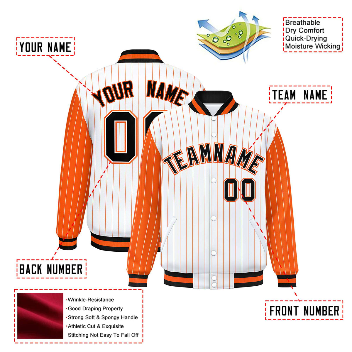 Custom White Orange Pinstripe Orange-Black Bomber Full-Snap Varsity Letterman Jacket