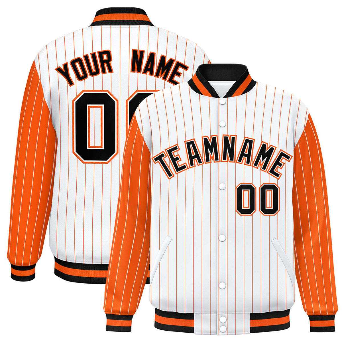 Custom White Orange Pinstripe Orange-Black Bomber Full-Snap Varsity Letterman Jacket