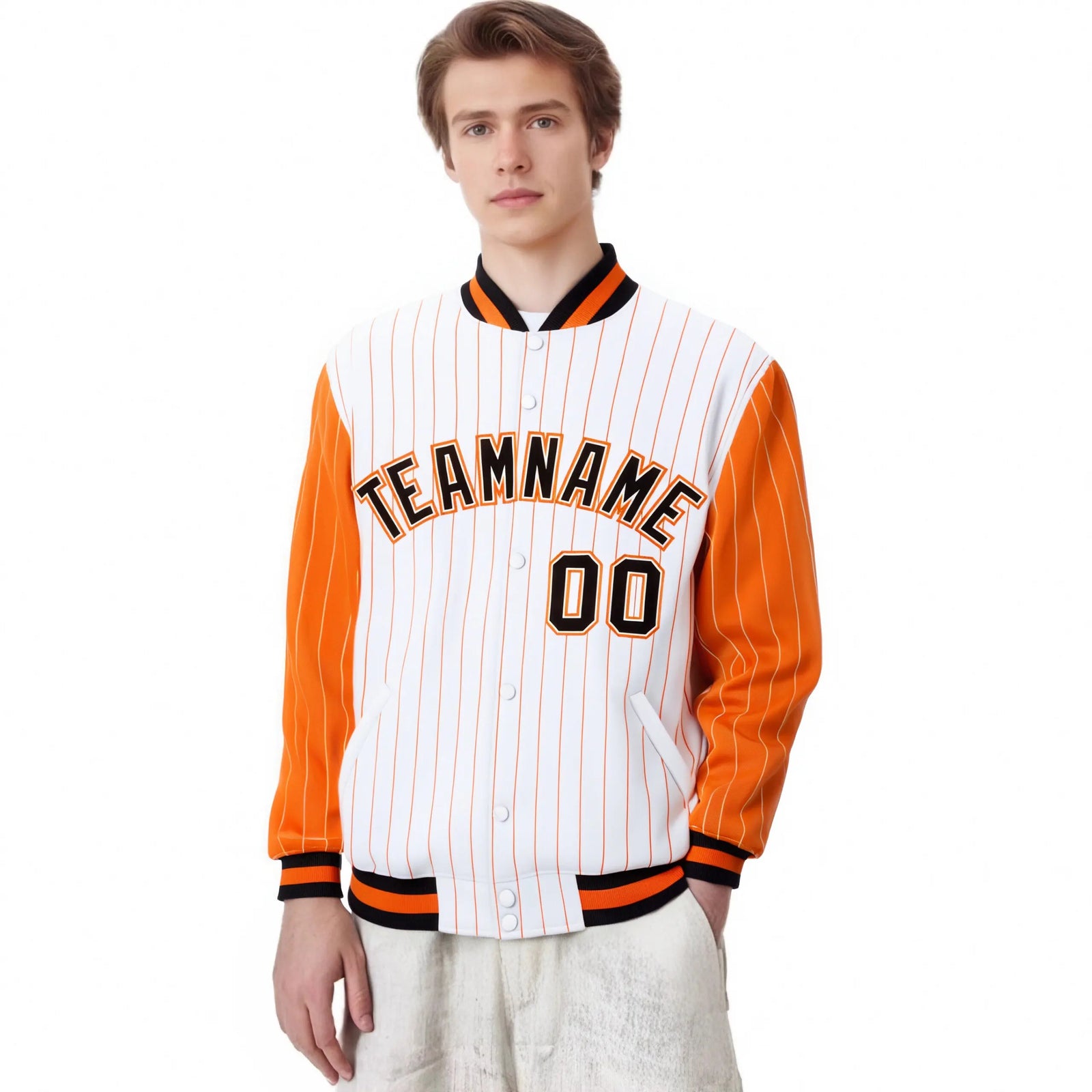 Custom White Orange Pinstripe Orange-Black Bomber Full-Snap Varsity Letterman Jacket