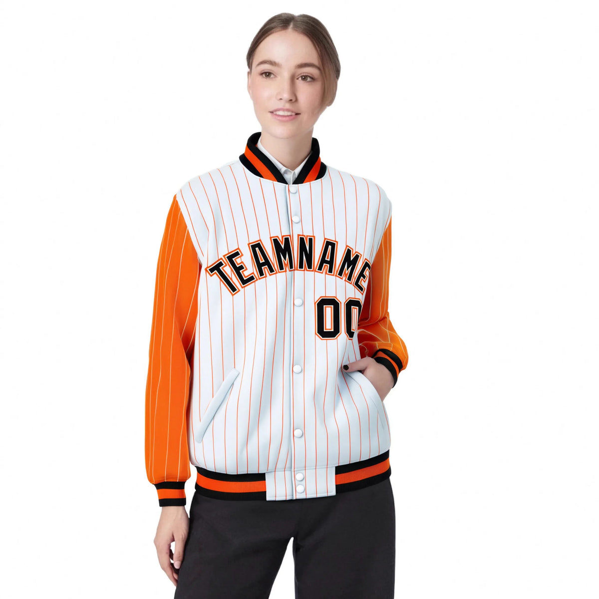 Custom White Orange Pinstripe Orange-Black Bomber Full-Snap Varsity Letterman Jacket