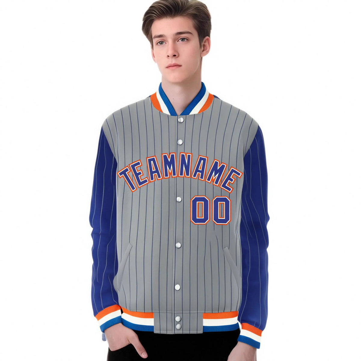 Custom Gray Royal-Blue Pinstripe Orange Royal-Blue Bomber Full-Snap Varsity Letterman Jacket