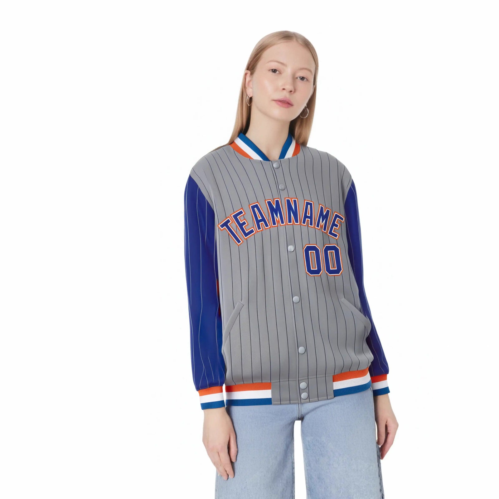 Custom Gray Royal-Blue Pinstripe Orange Royal-Blue Bomber Full-Snap Varsity Letterman Jacket