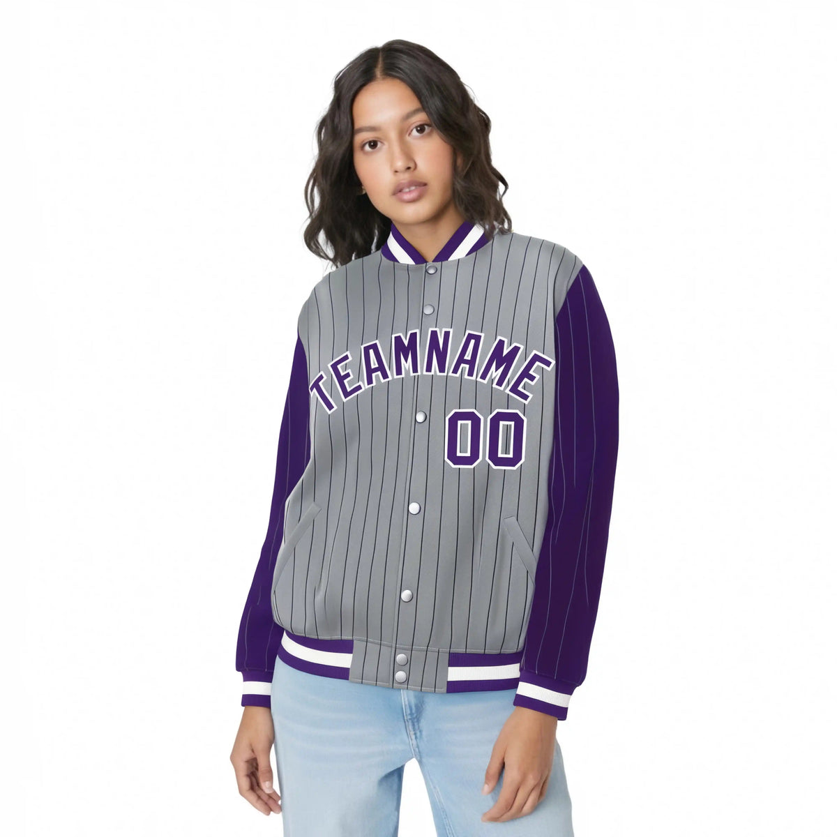 Custom Gray Purple Pinstripe White-Purple Bomber Full-Snap Varsity Letterman Jacket