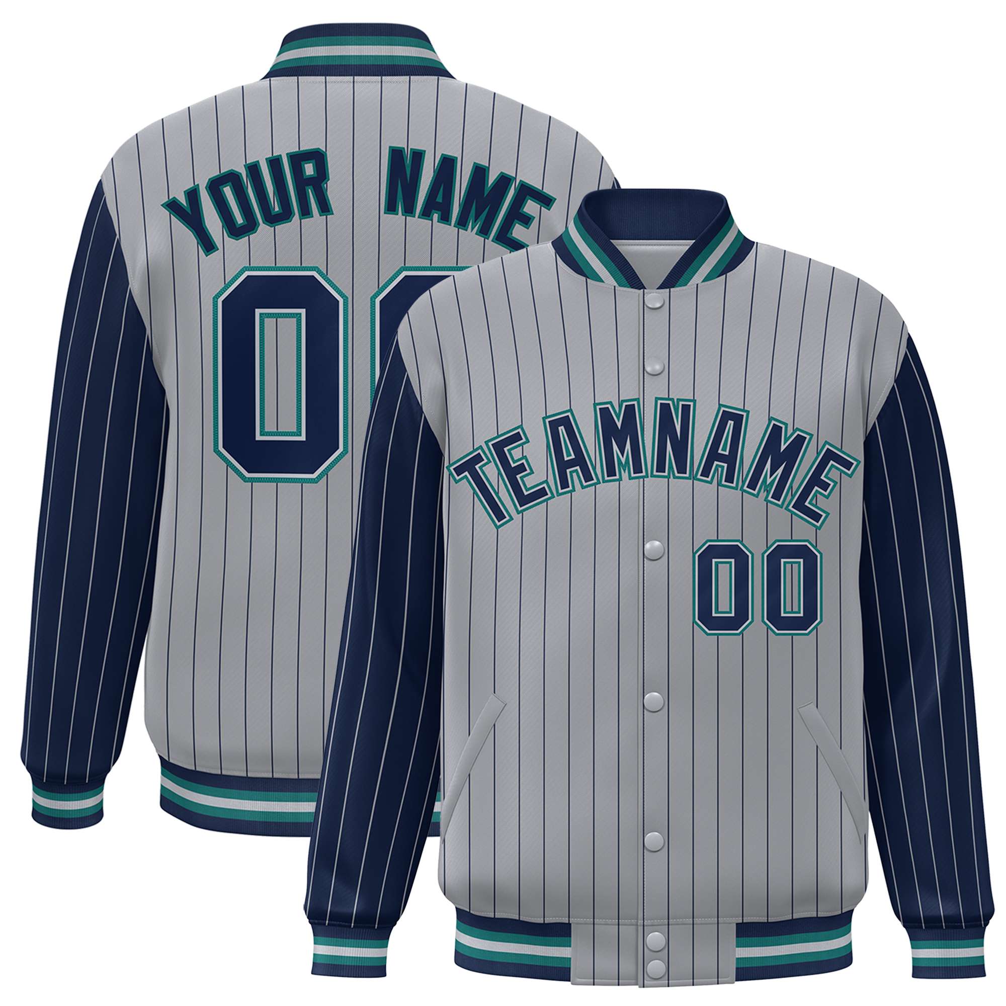 Custom Gray Navy Pinstripe Aqua-Navy Bomber Full-Snap Varsity Letterman Jacket