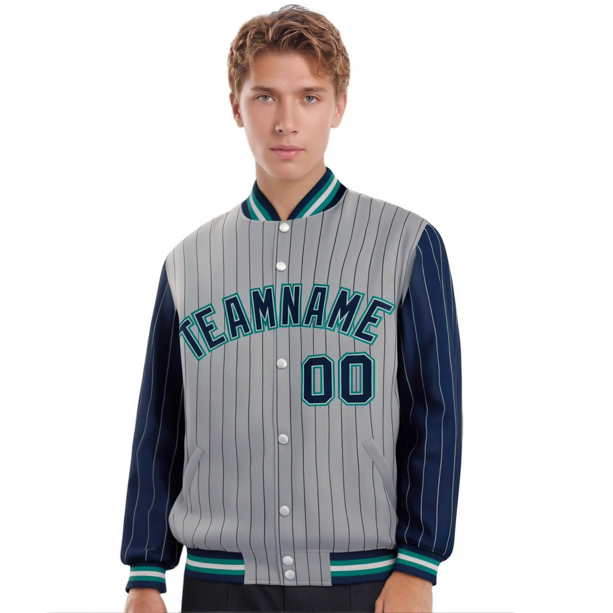 Custom Gray Navy Pinstripe Aqua-Navy Bomber Full-Snap Varsity Letterman Jacket
