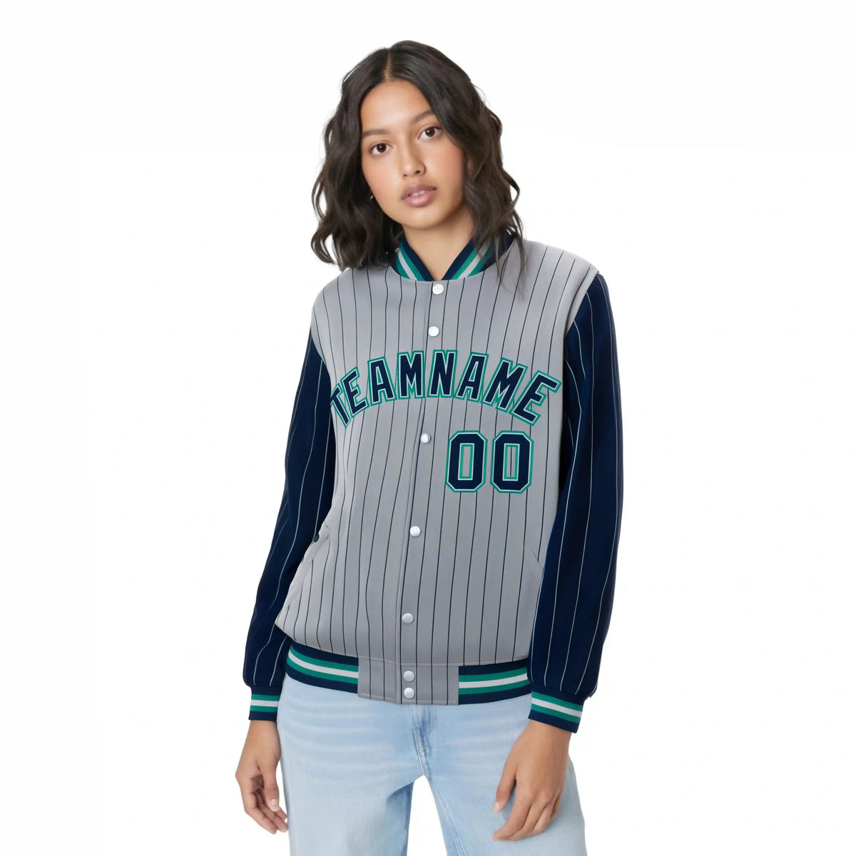 Custom Gray Navy Pinstripe Aqua-Navy Bomber Full-Snap Varsity Letterman Jacket