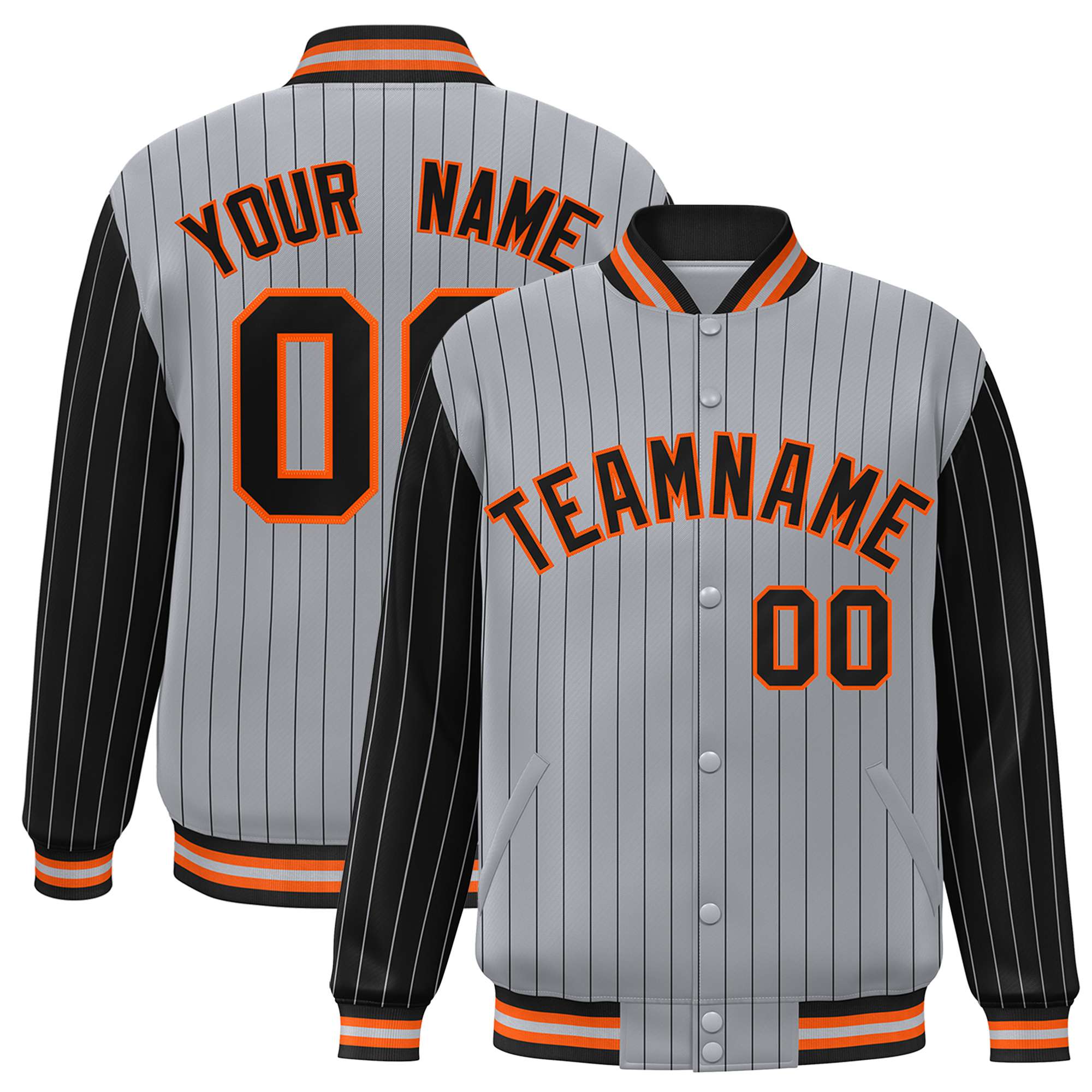 Custom Gray Black Pinstripe Orange-Black Bomber Full-Snap Varsity Letterman Jacket