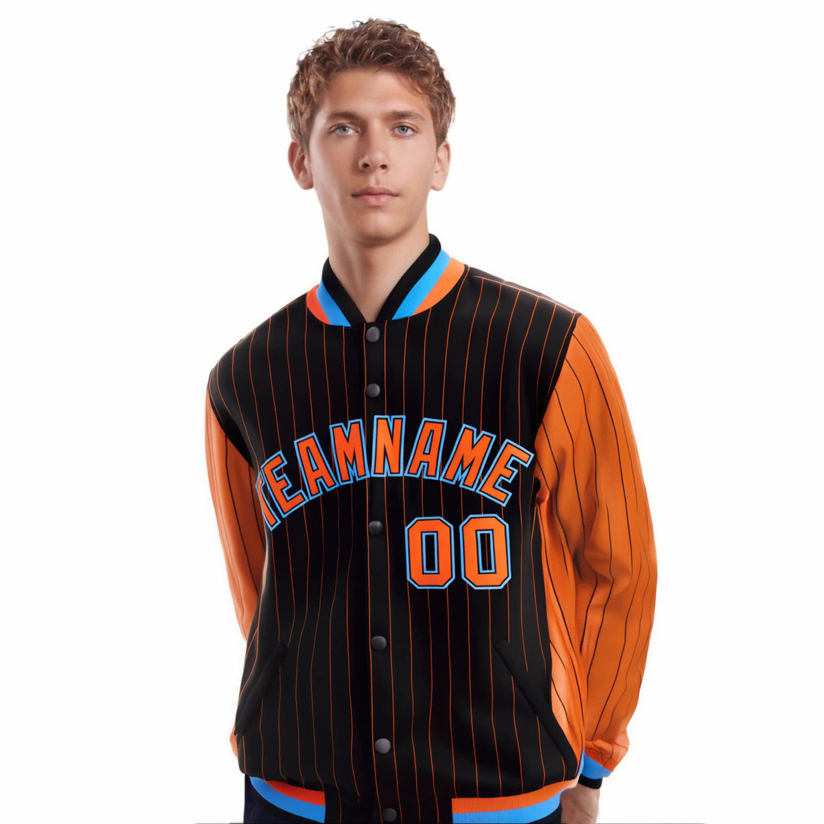 Custom Black Orange Pinstripe Powder-Blue Orange Bomber Full-Snap Varsity Letterman Jacket