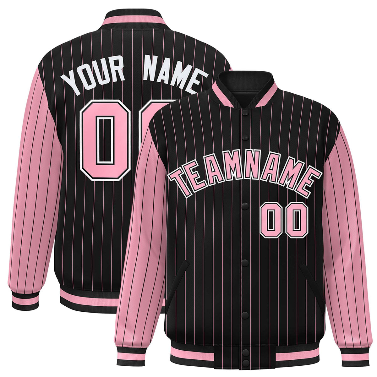 Custom Black Light-Pink Pinstripe White Light-Pink Bomber Full-Snap Varsity Letterman Jacket