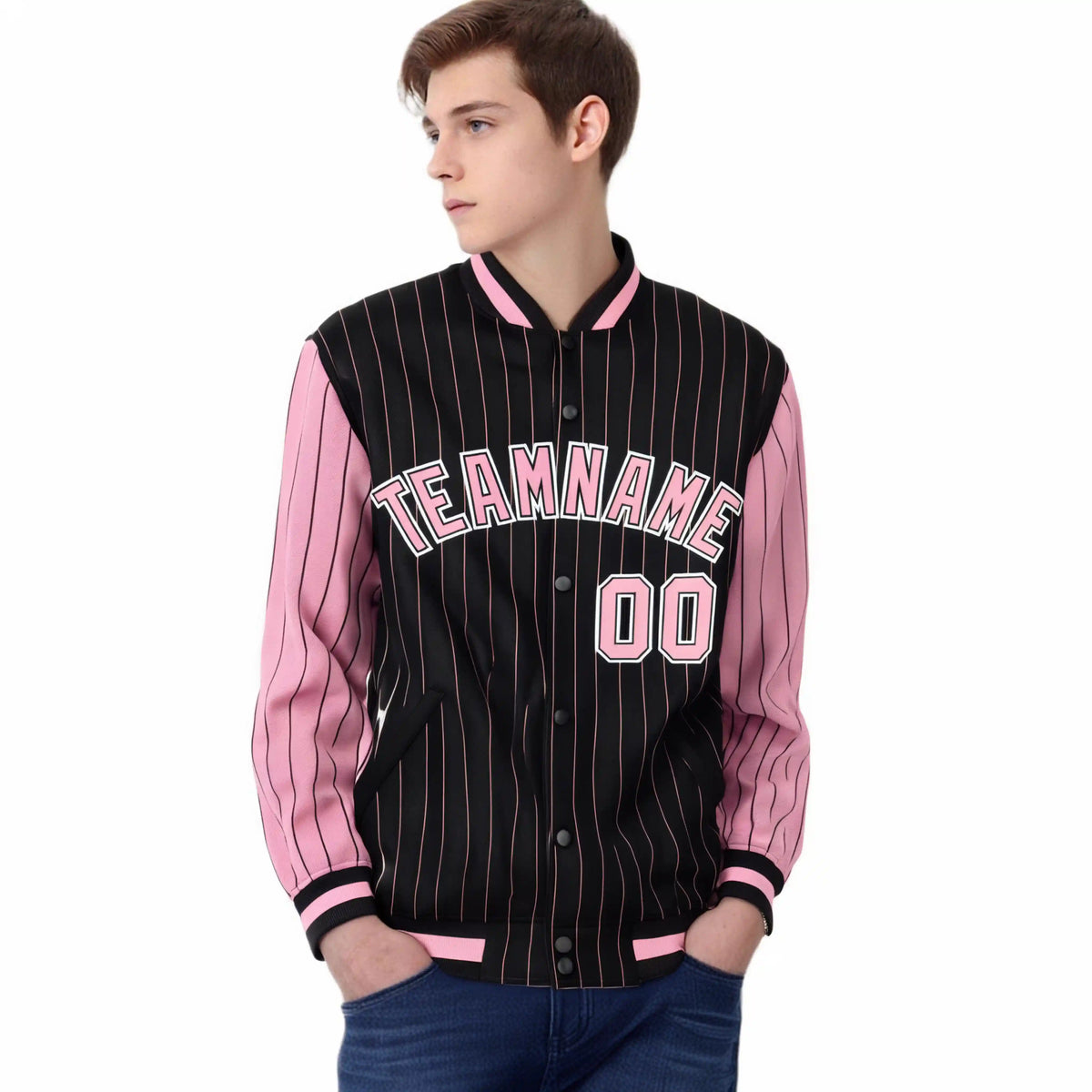Custom Black Light-Pink Pinstripe White Light-Pink Bomber Full-Snap Varsity Letterman Jacket