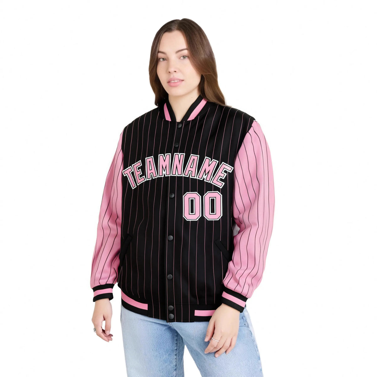 Custom Black Light-Pink Pinstripe White Light-Pink Bomber Full-Snap Varsity Letterman Jacket