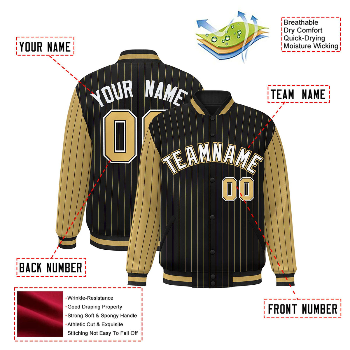 Custom Black Old-Gold Pinstripe Old-Gold White Bomber Full-Snap Varsity Letterman Jacket