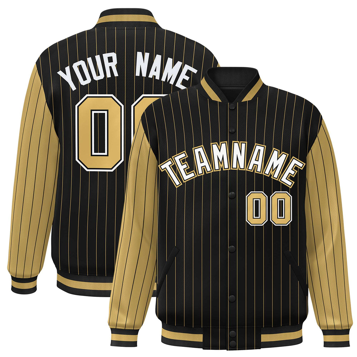 Custom Black Old-Gold Pinstripe Old-Gold White Bomber Full-Snap Varsity Letterman Jacket