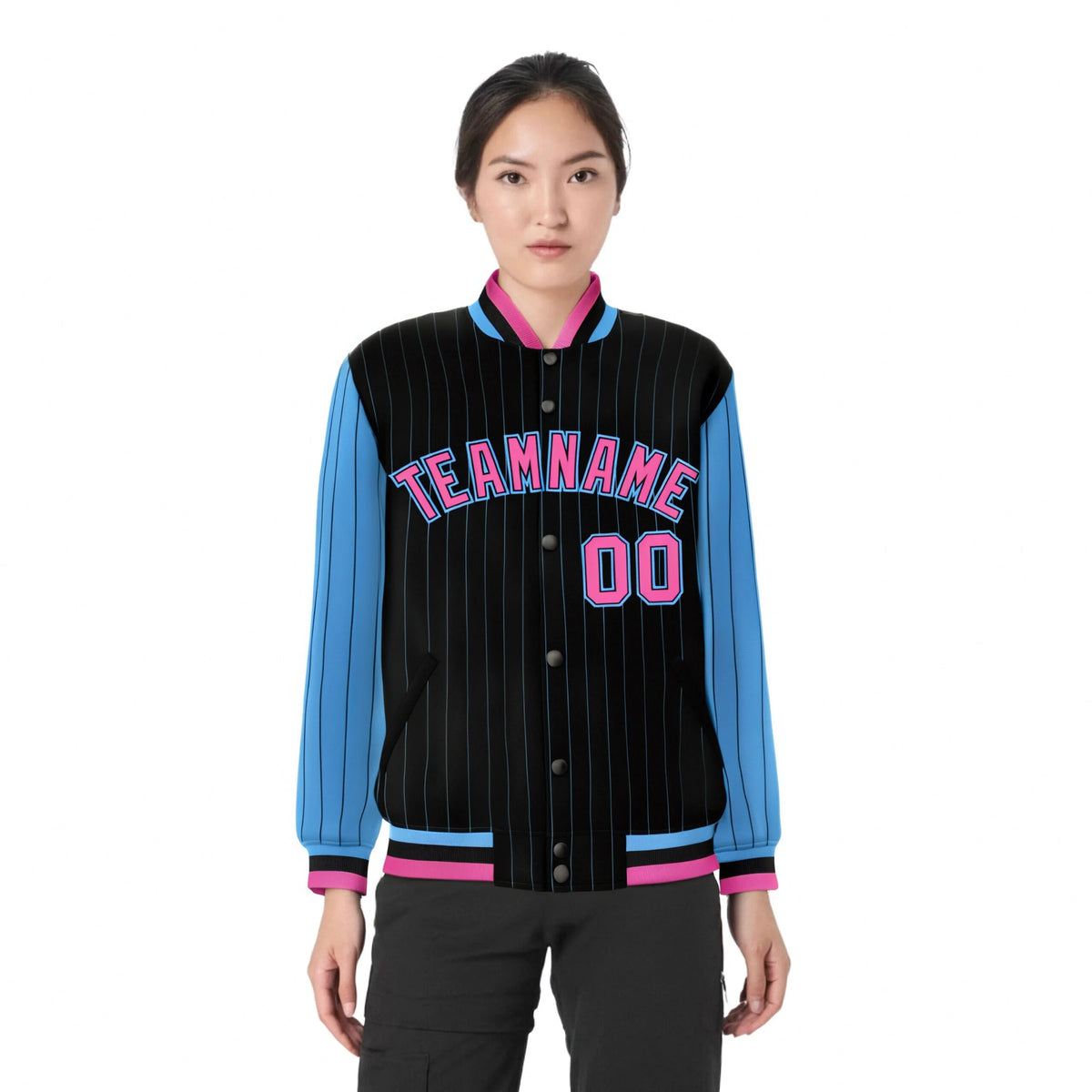 Custom Black Blue Pinstripe Blue-Pink Bomber Full-Snap Varsity Letterman Jacket