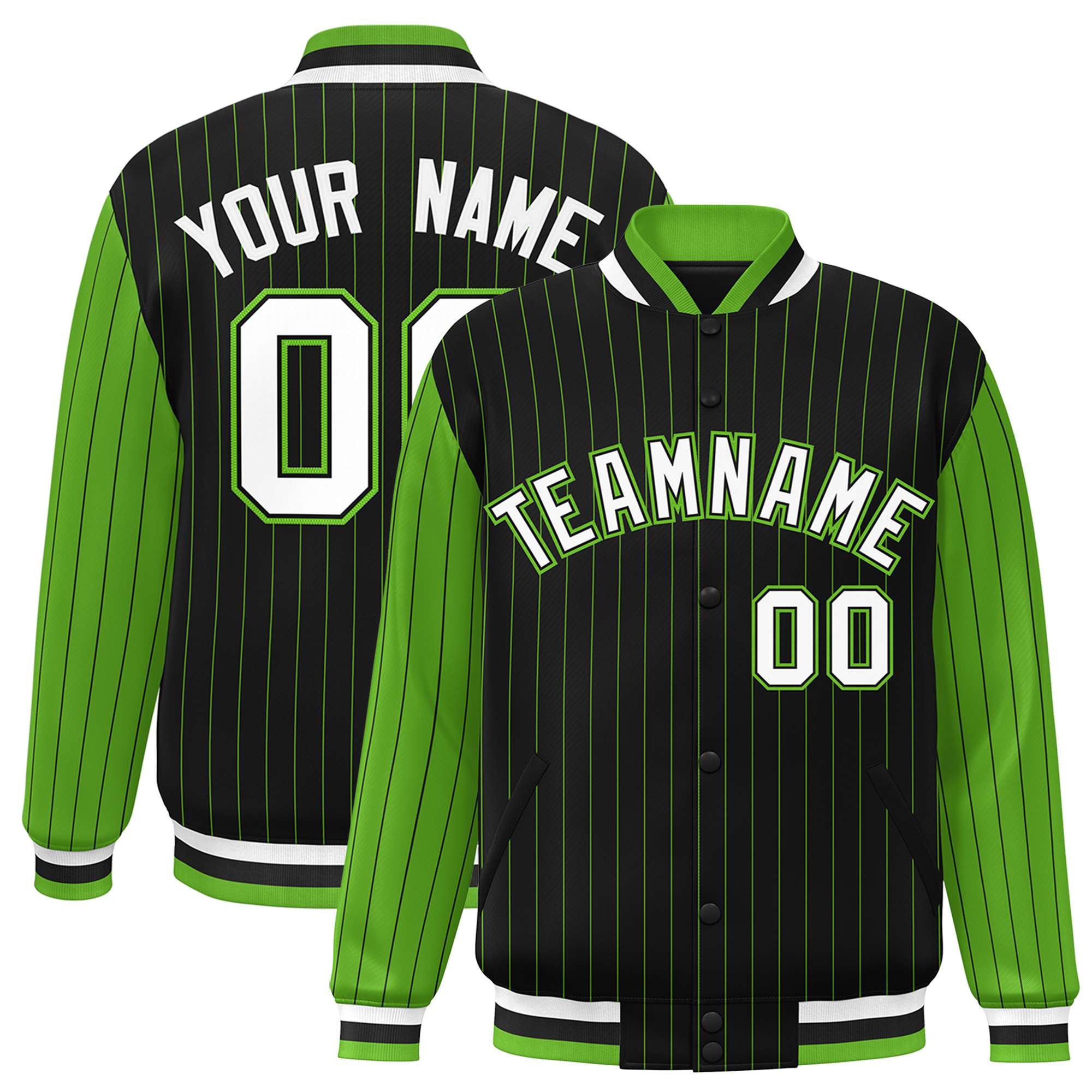 Custom Black Neon-Green Pinstripe Neon-Green White Bomber Full-Snap Varsity Letterman Jacket