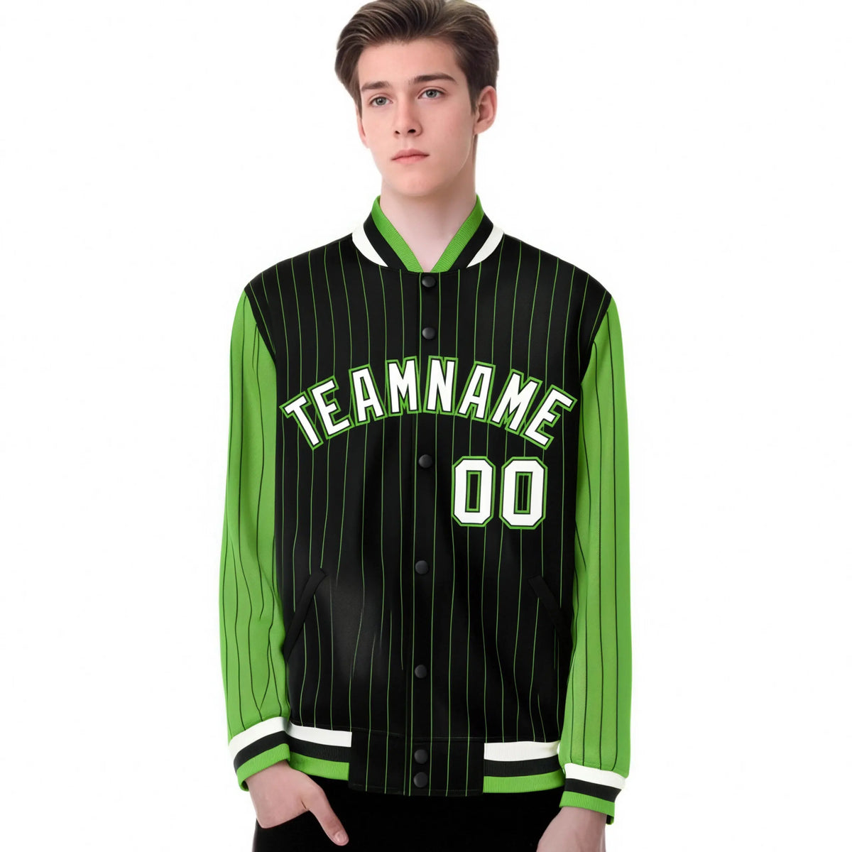 Custom Black Neon-Green Pinstripe Neon-Green White Bomber Full-Snap Varsity Letterman Jacket