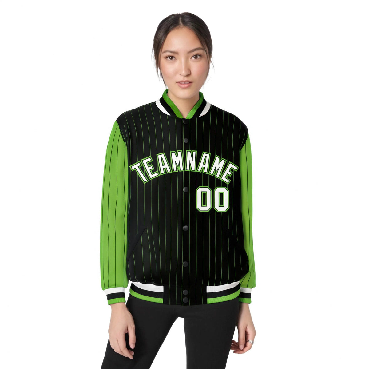 Custom Black Neon-Green Pinstripe Neon-Green White Bomber Full-Snap Varsity Letterman Jacket