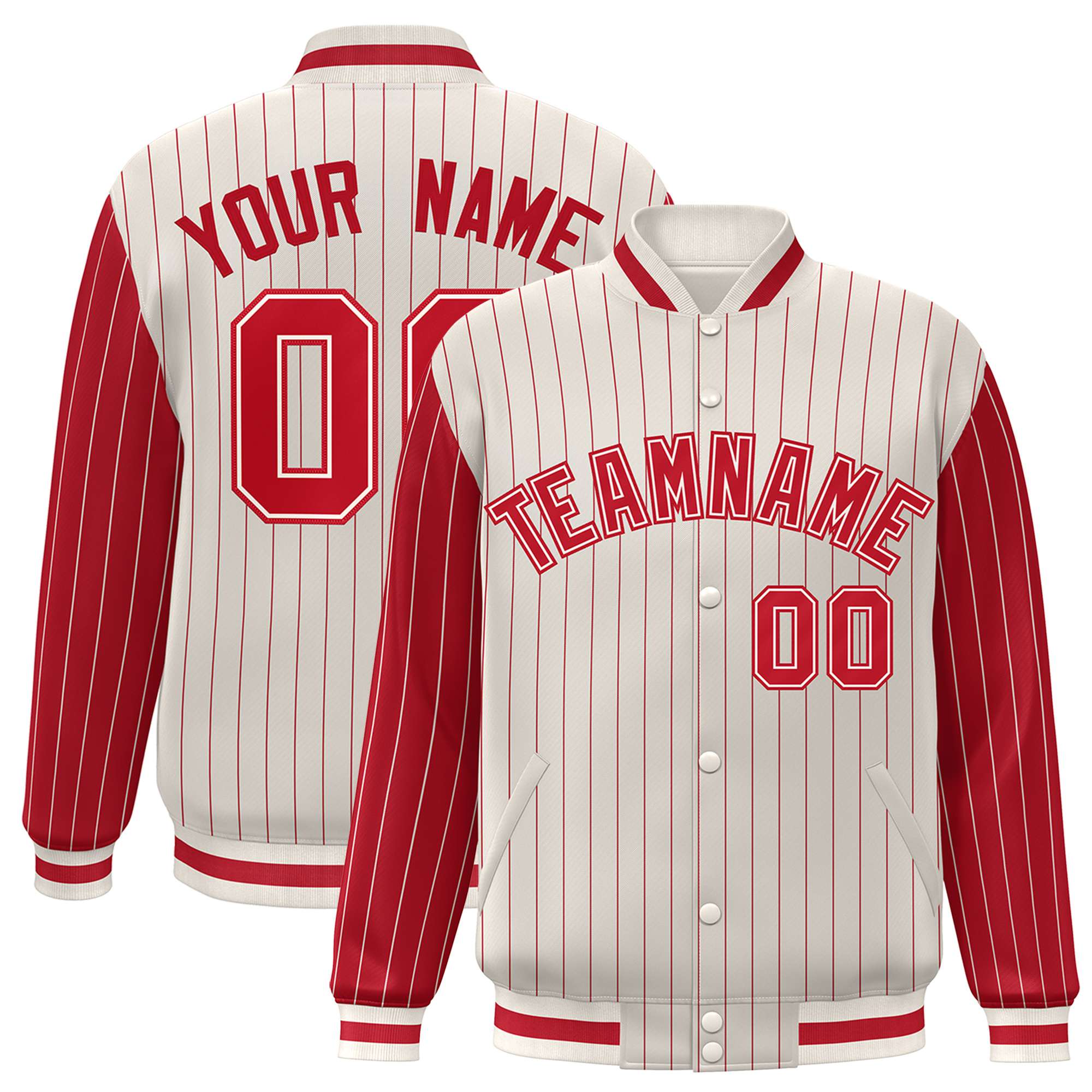 Custom Cream Red Pinstripe Cream-Red Bomber Full-Snap Varsity Letterman Jacket