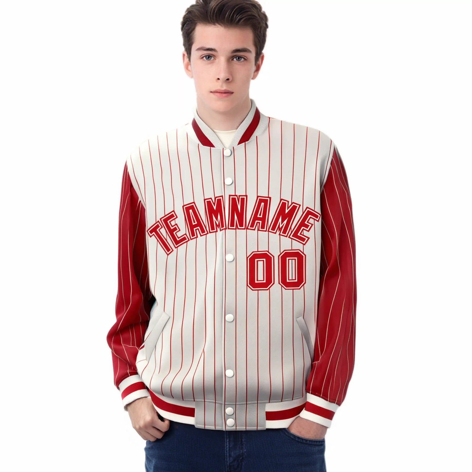 Custom Cream Red Pinstripe Cream-Red Bomber Full-Snap Varsity Letterman Jacket
