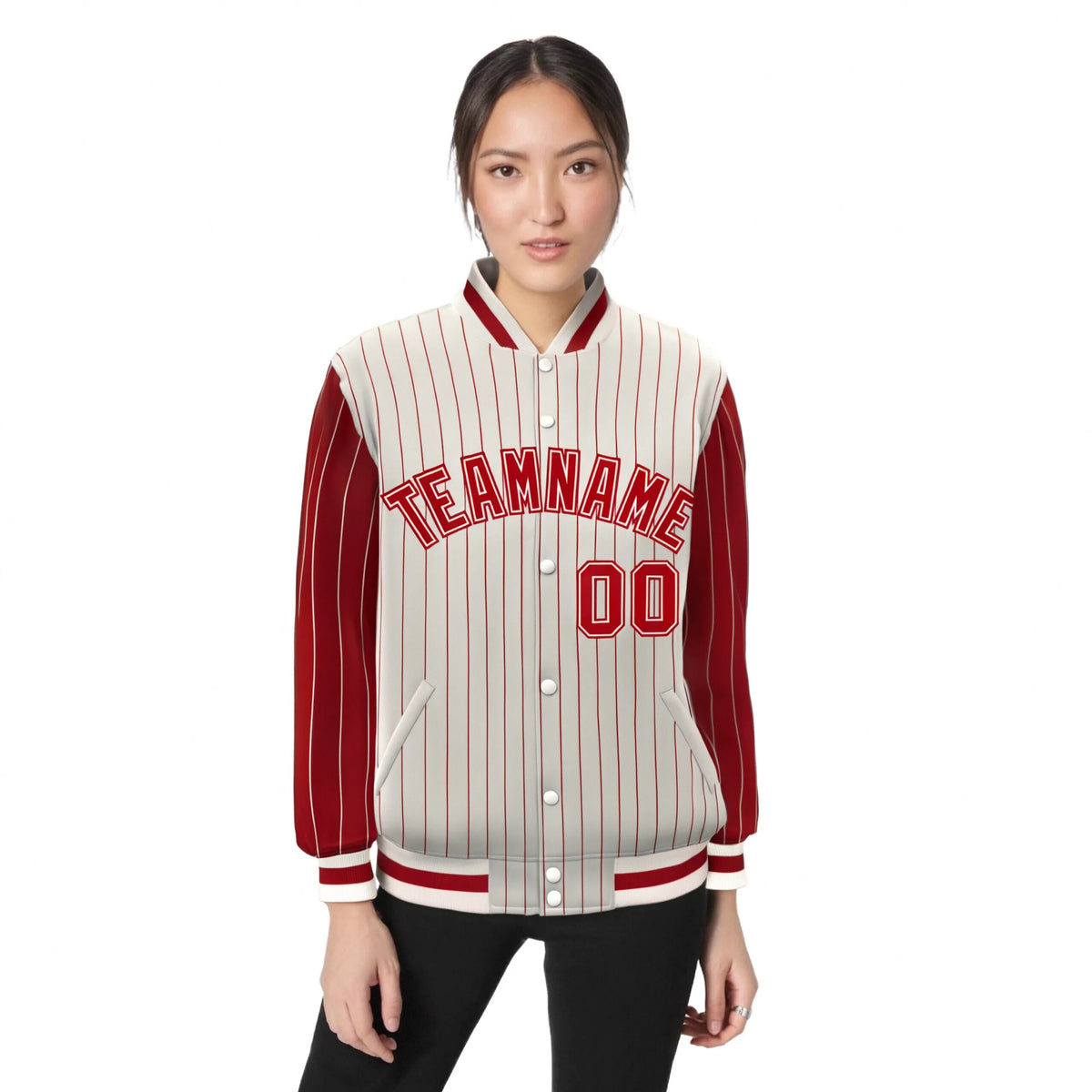 Custom Cream Red Pinstripe Cream-Red Bomber Full-Snap Varsity Letterman Jacket