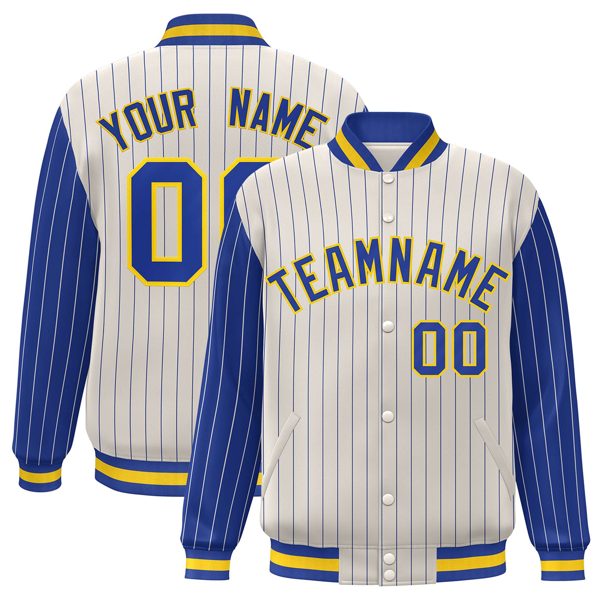 Custom Cream Royal-Blue Pinstripe Gold Royal-Blue Bomber Full-Snap Varsity Letterman Jacket