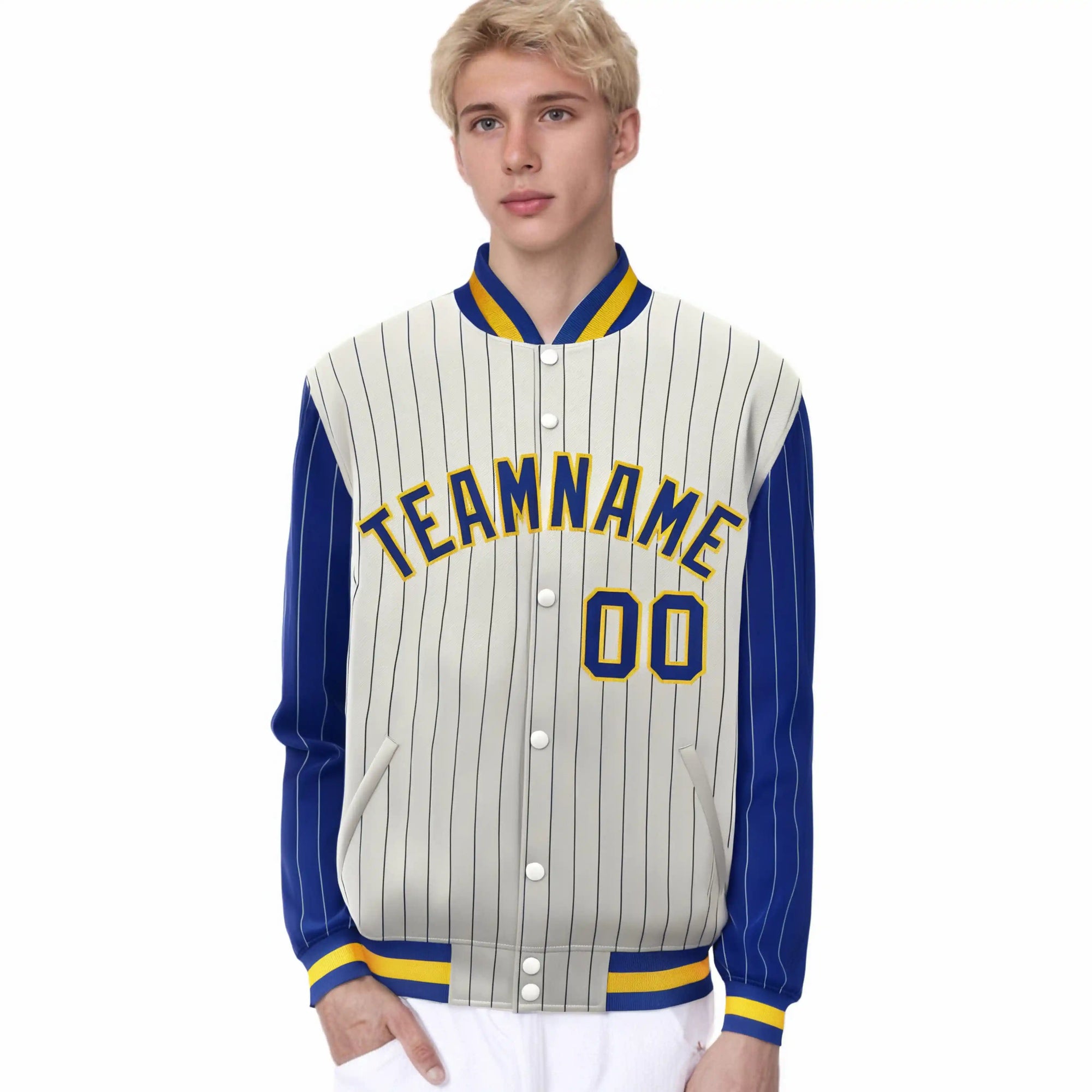 Custom Cream Royal-Blue Pinstripe Gold Royal-Blue Bomber Full-Snap Varsity Letterman Jacket