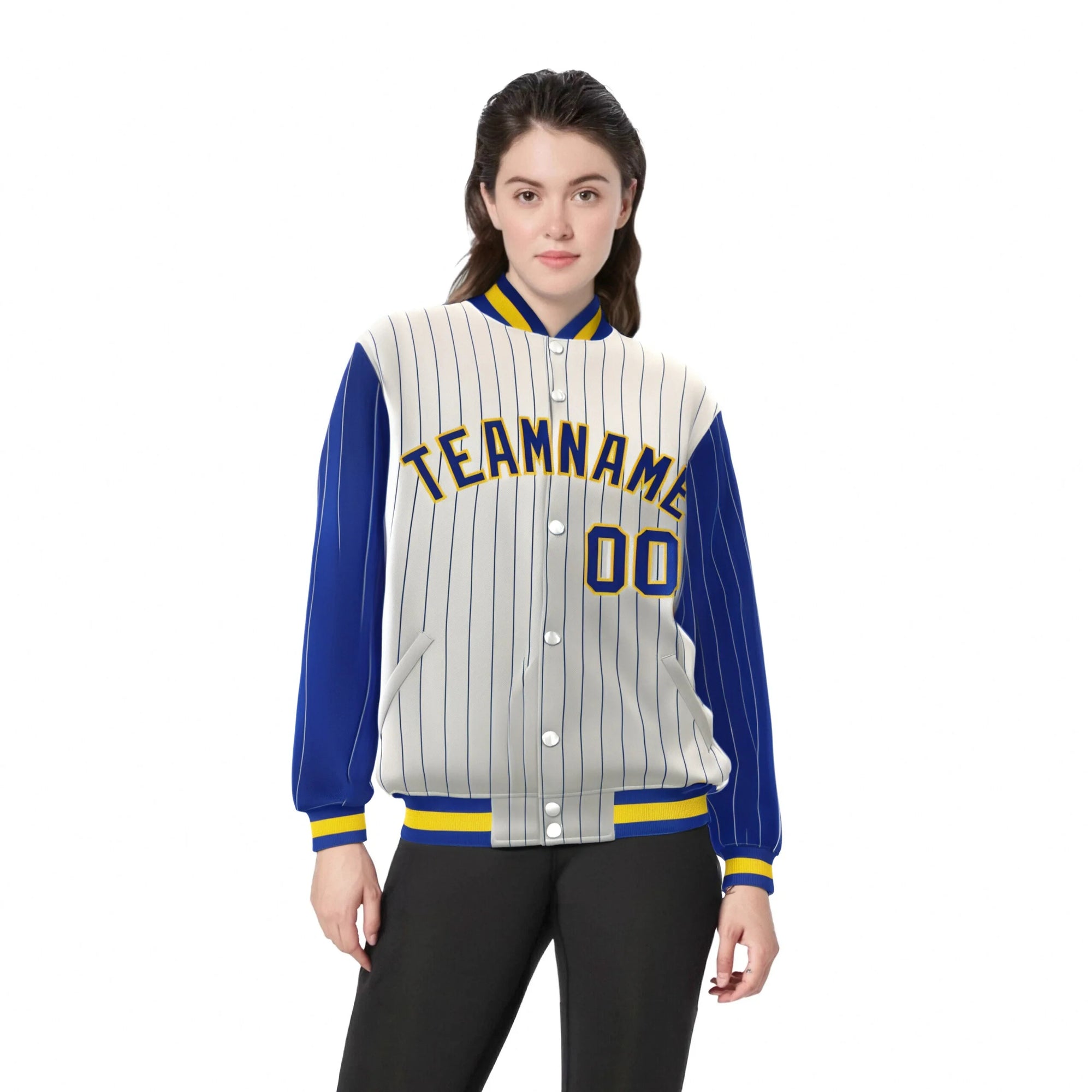 Custom Cream Royal-Blue Pinstripe Gold Royal-Blue Bomber Full-Snap Varsity Letterman Jacket