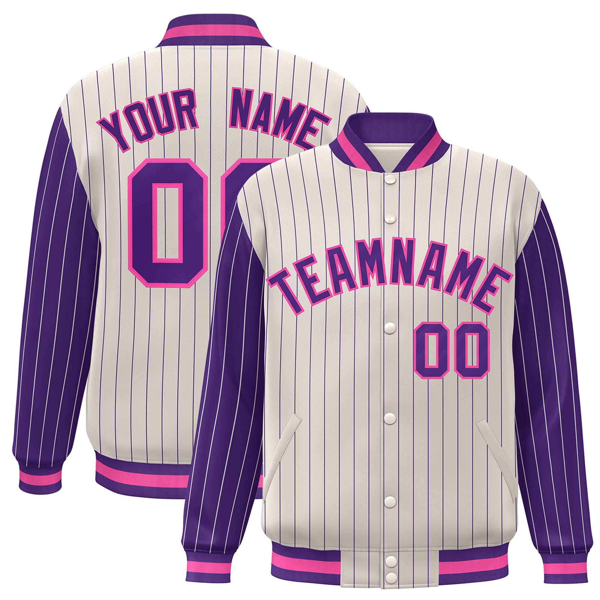 Custom Cream Purple Pinstripe Purple-Pink Bomber Full-Snap Varsity Letterman Jacket