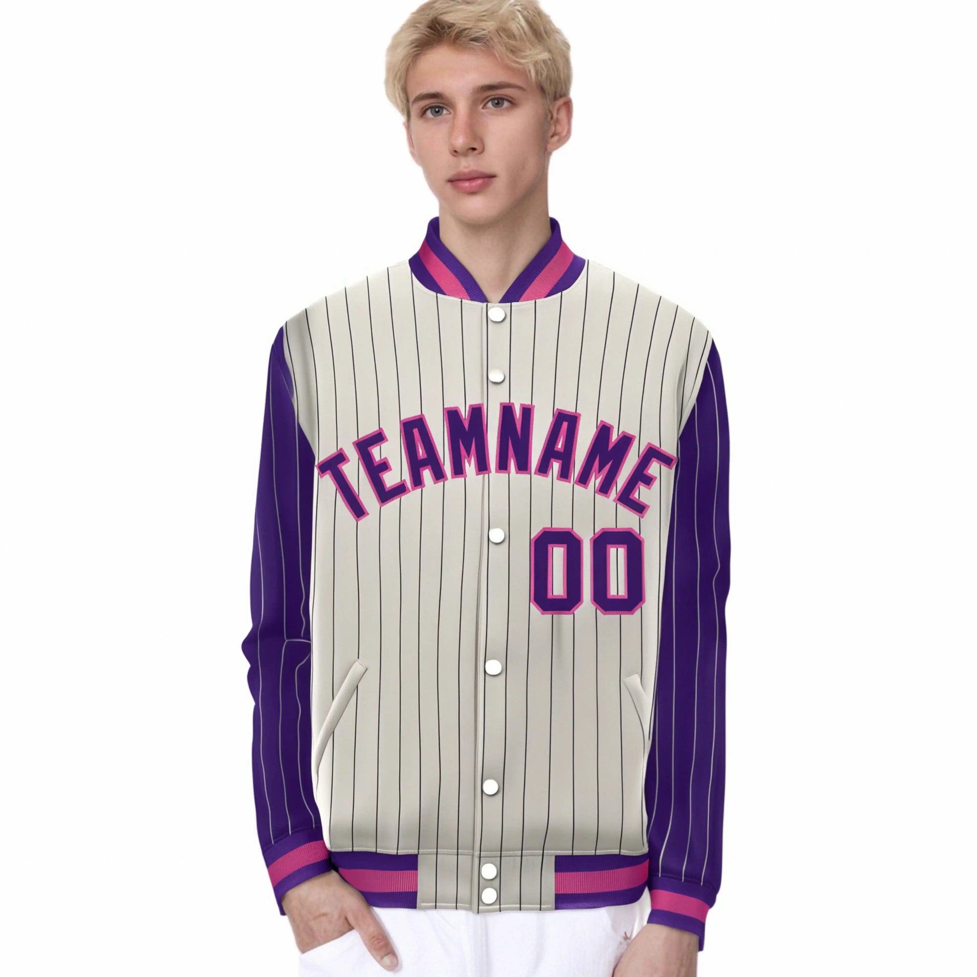 Custom Cream Purple Pinstripe Purple-Pink Bomber Full-Snap Varsity Letterman Jacket