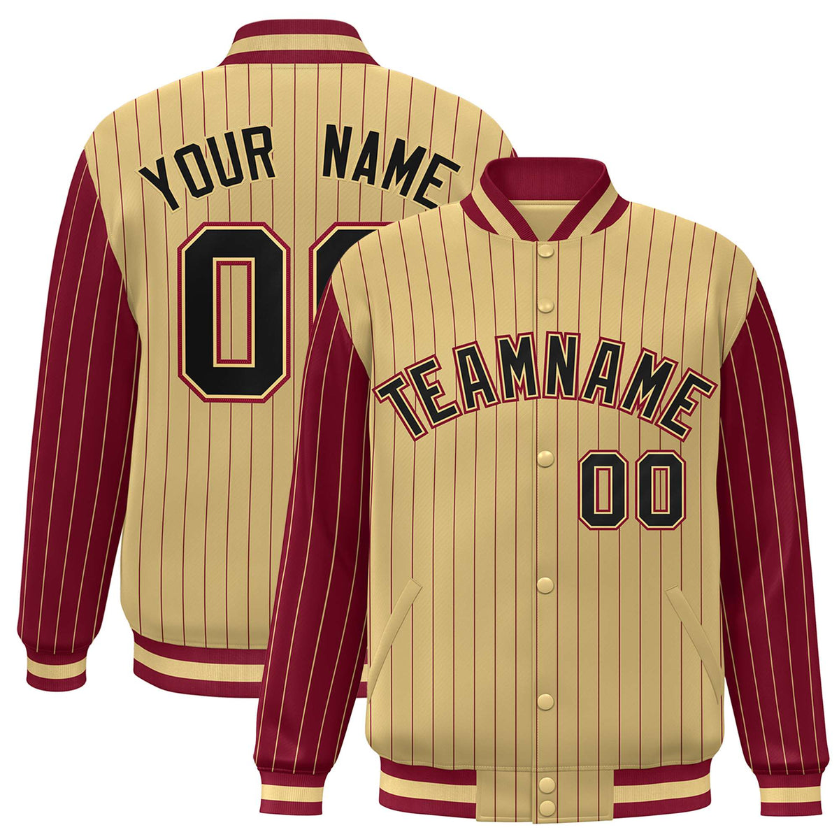 Custom Old Gold Crimson Pinstripe Crimson-Black Bomber Full-Snap Varsity Letterman Jacket