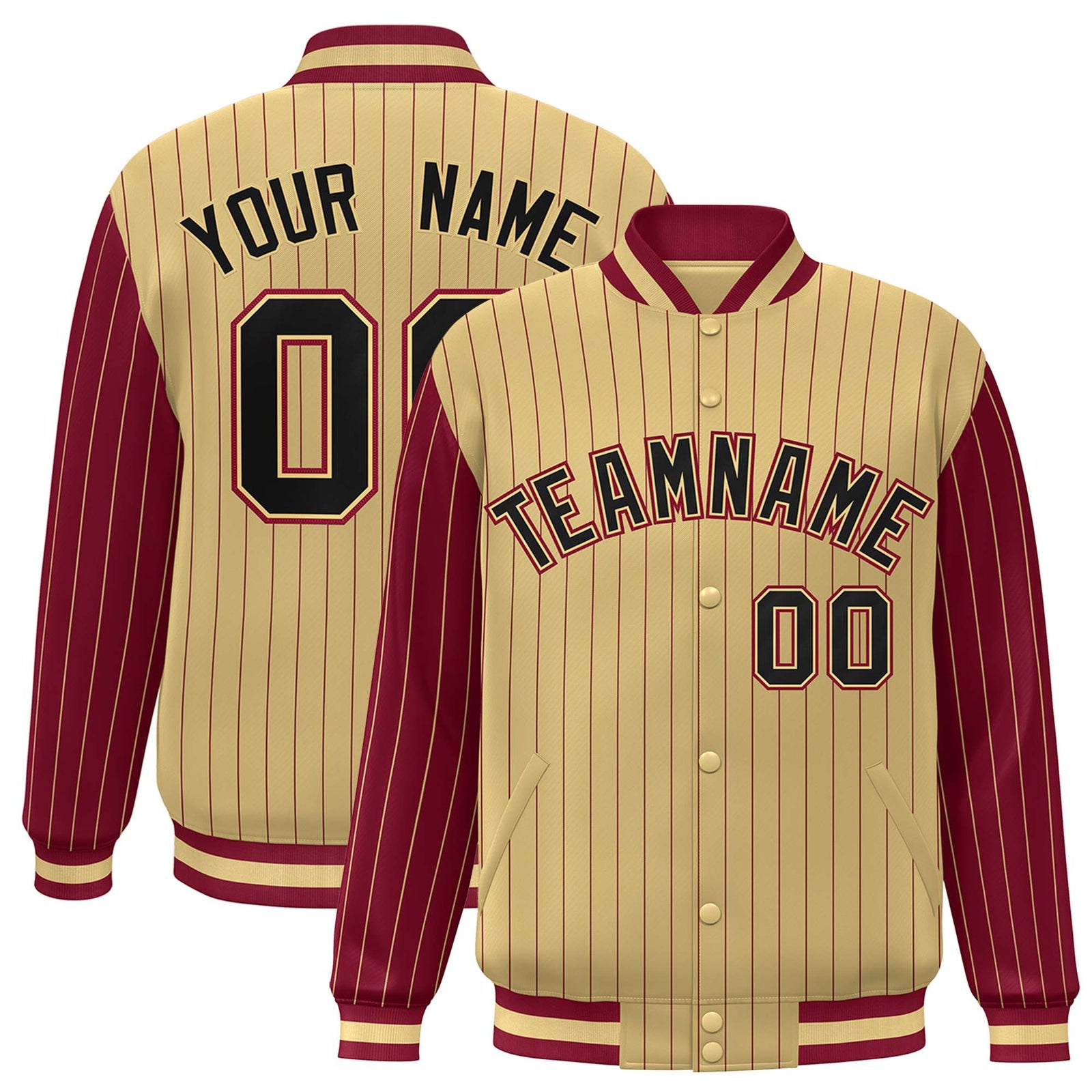 Custom Old Gold Crimson Pinstripe Crimson-Black Bomber Full-Snap Varsity Letterman Jacket