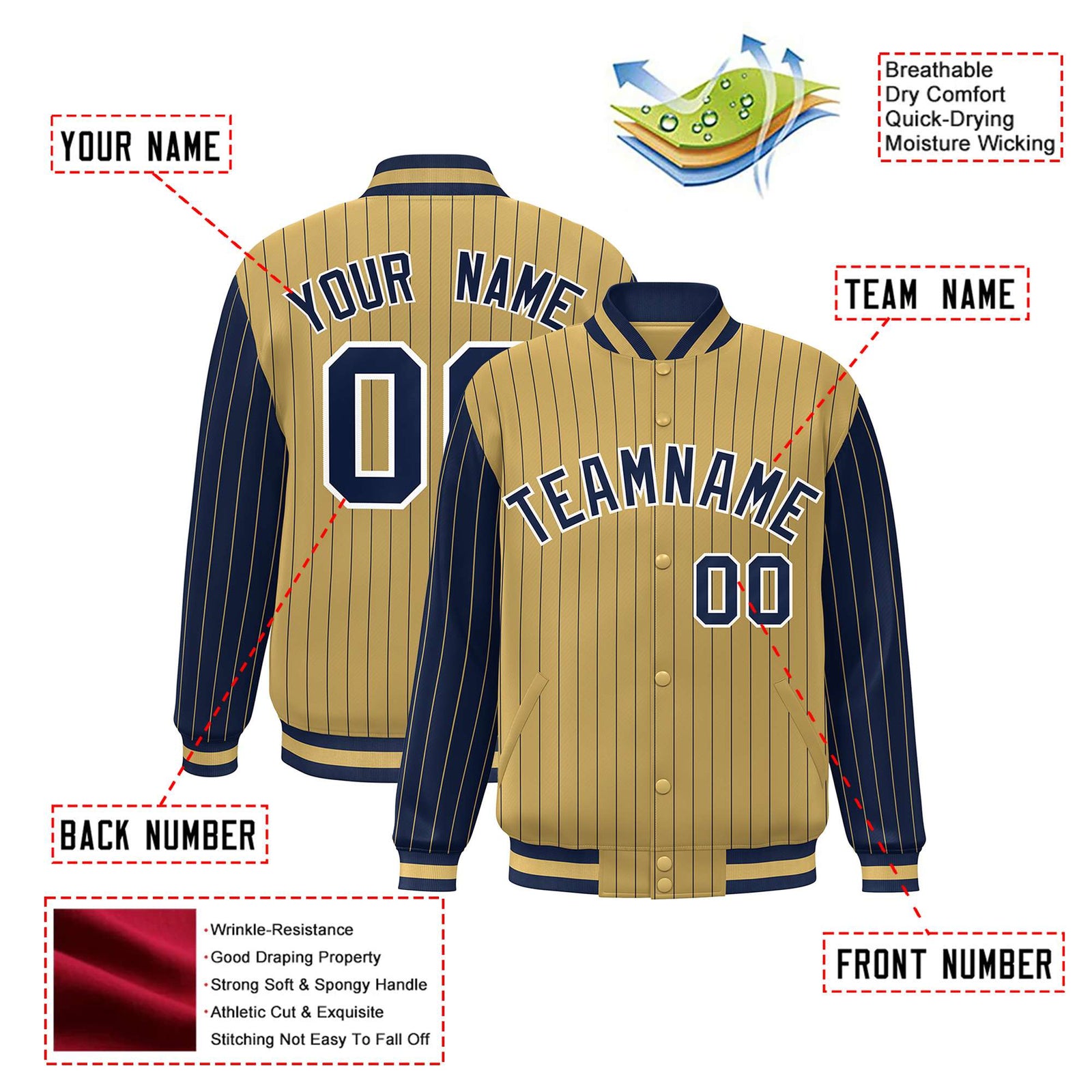 Custom Old Gold Navy Pinstripe White-Navy Bomber Full-Snap Varsity Letterman Jacket