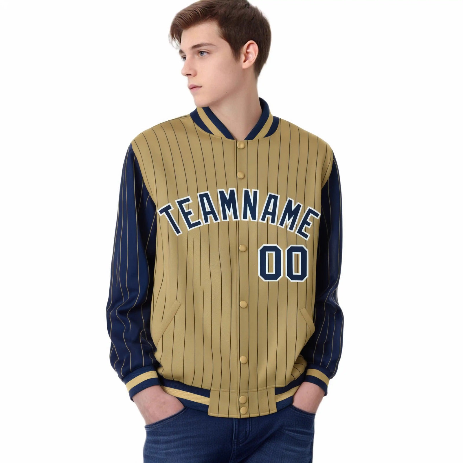 Custom Old Gold Navy Pinstripe White-Navy Bomber Full-Snap Varsity Letterman Jacket
