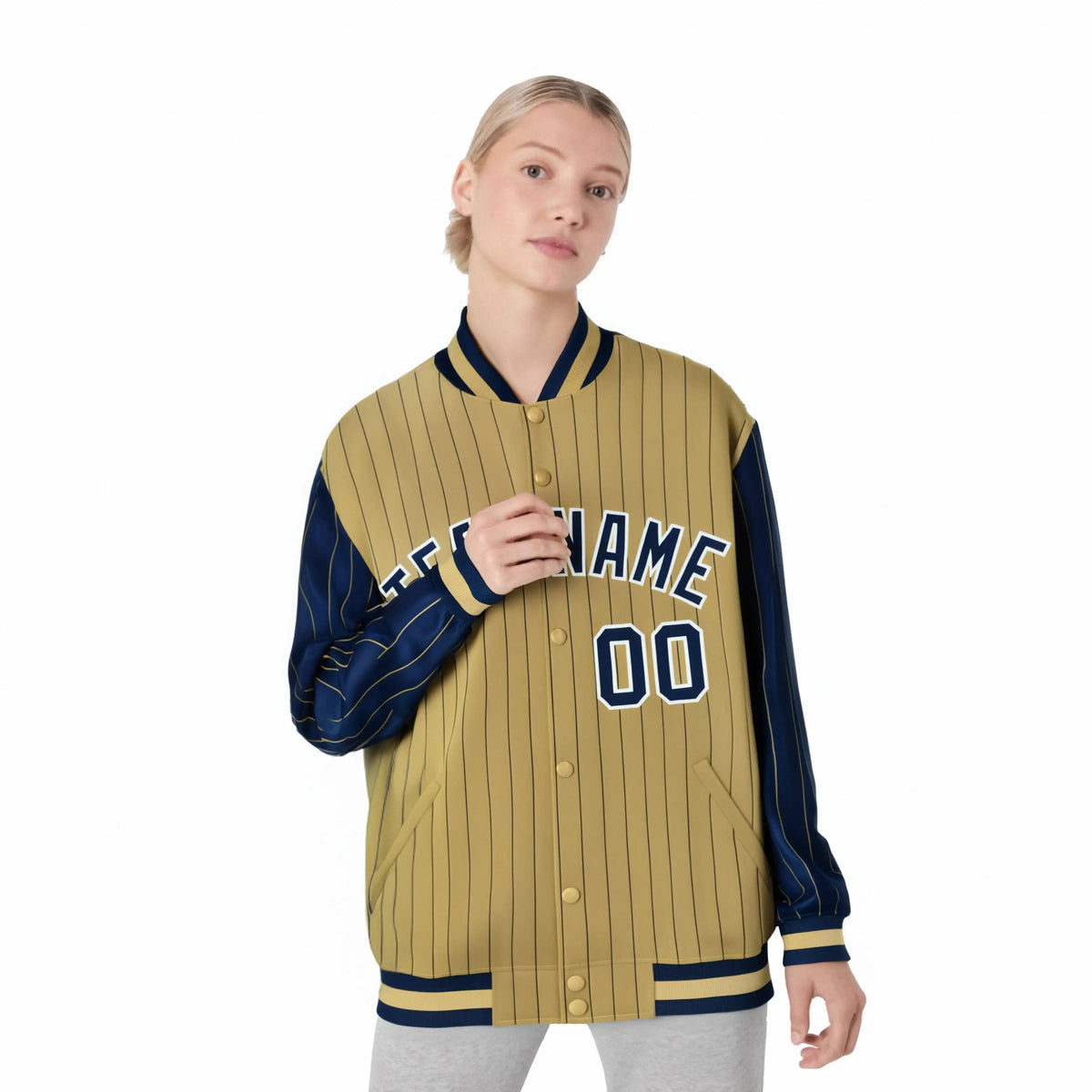 Custom Old Gold Navy Pinstripe White-Navy Bomber Full-Snap Varsity Letterman Jacket