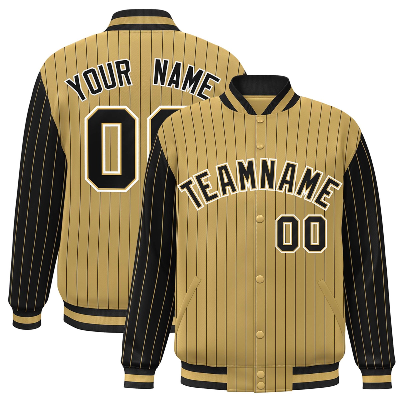 Custom Old Gold Black Pinstripe White-Black Bomber Full-Snap Varsity Letterman Jacket